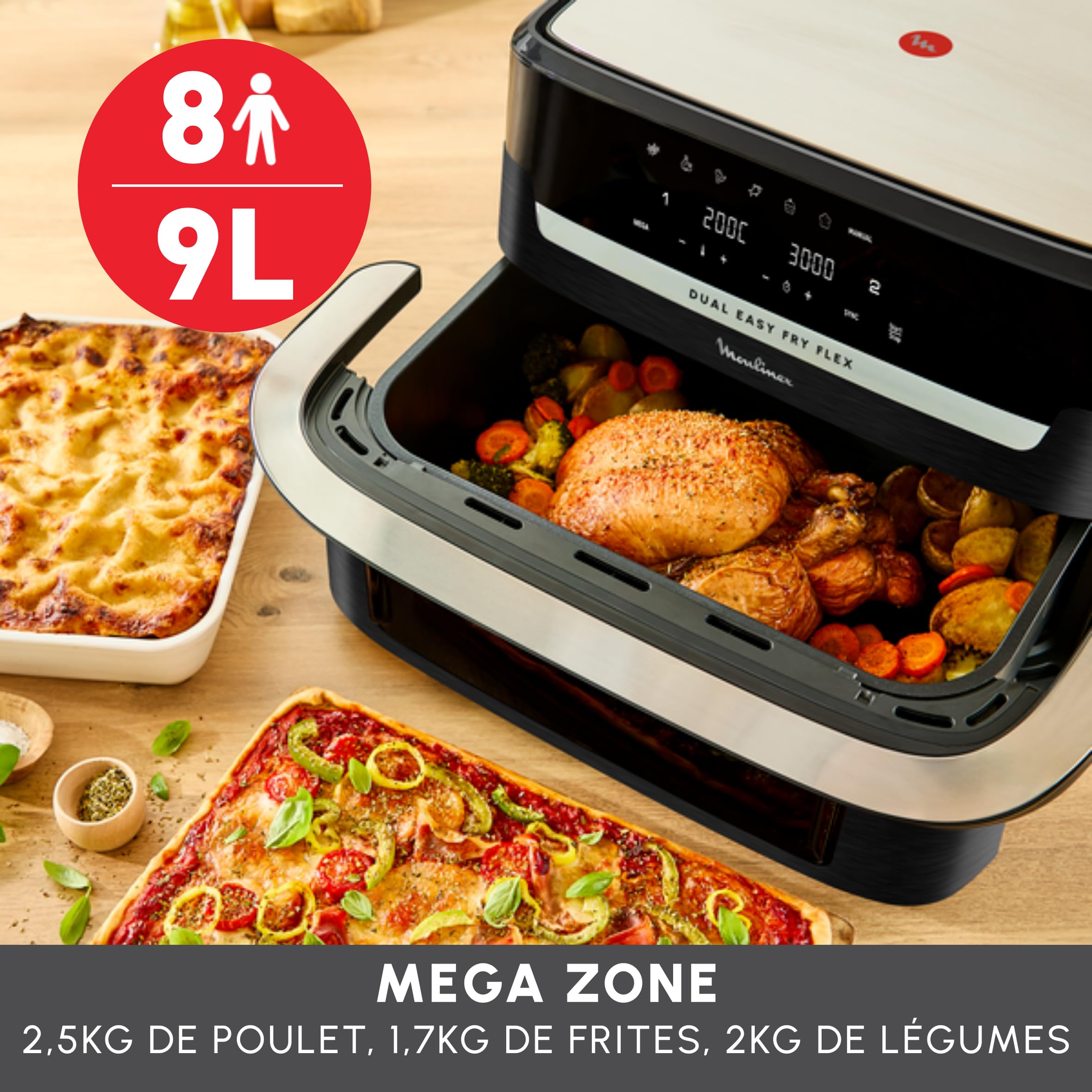 LOT Moulinex air fryer Flex 2 zones 9L, séparateur amovible EZ9228F0, noir + 2 moules à gâteaux Tefal spécial air fryer J176S204