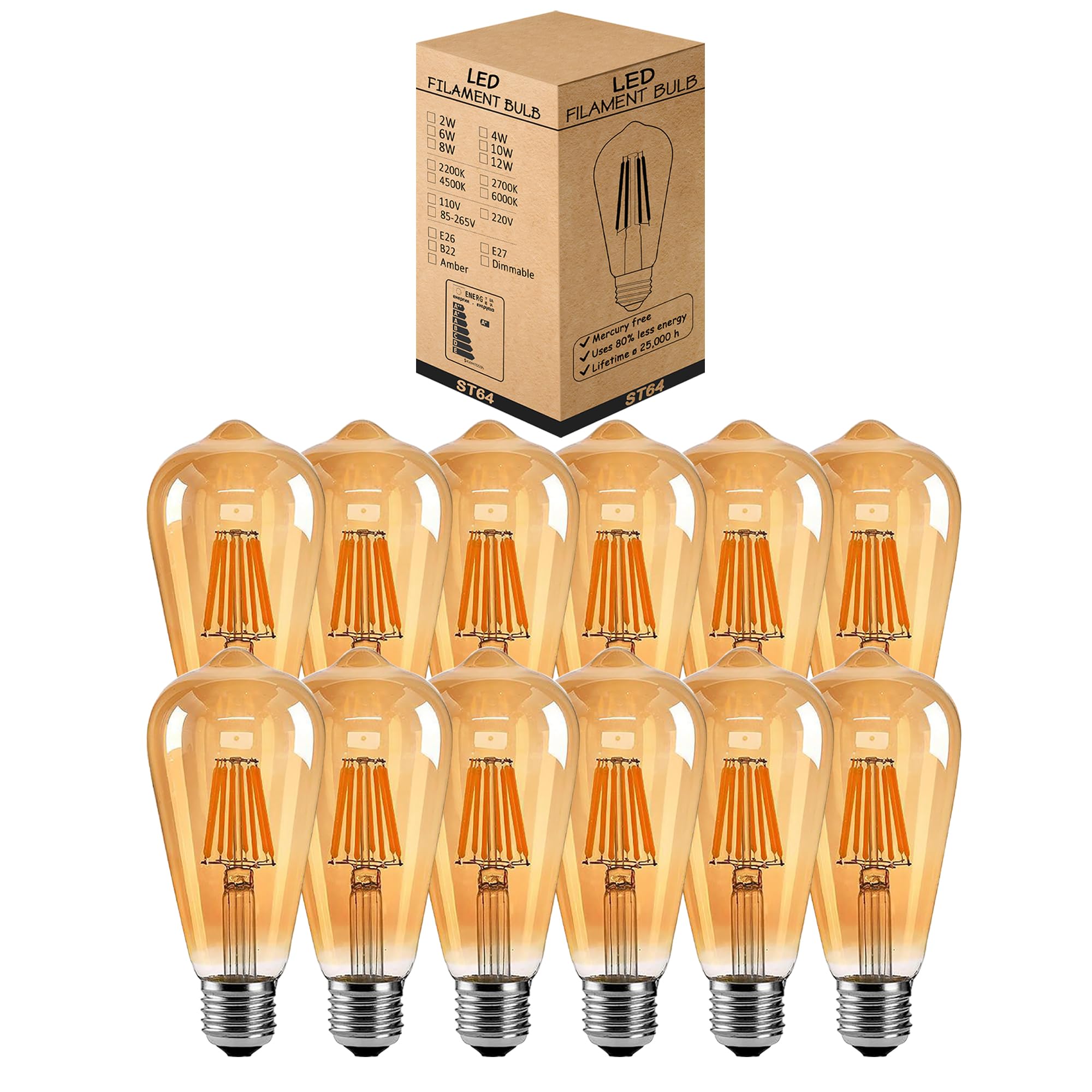 Pack-12, LED E27 Ligh Bulb, ST64 8W (60W Equivalent) Dimmable Warm White 2700K 806 Lumens Screw Edison LED Filament Bulb , Energy Saving Vintage Style Squirrel Cage Lamp for Home Decoration Chritsmas