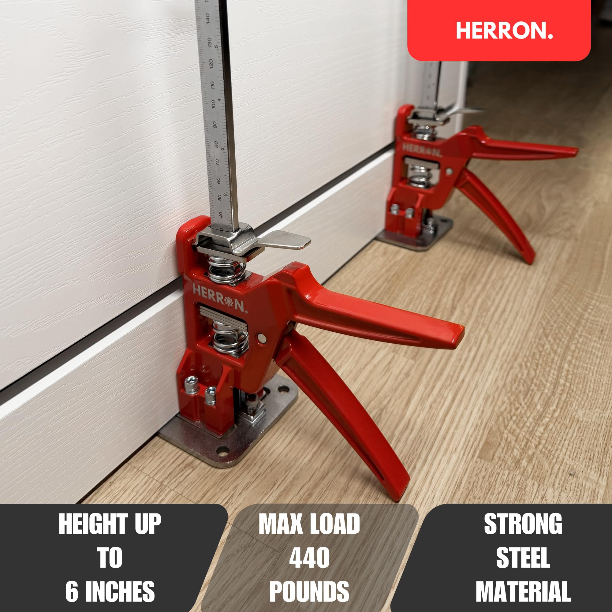 HERRON Arbeitssparender Armwagenheber, 2 Stück, 200 kg Schrankheber, 15,2 cm Hebebühne | Eingebaute Messskala, Ganzstahlkonstruktion, Einhandpumpenbedienung, für Schränke, Türen, Trockenbau und Bodenbelag