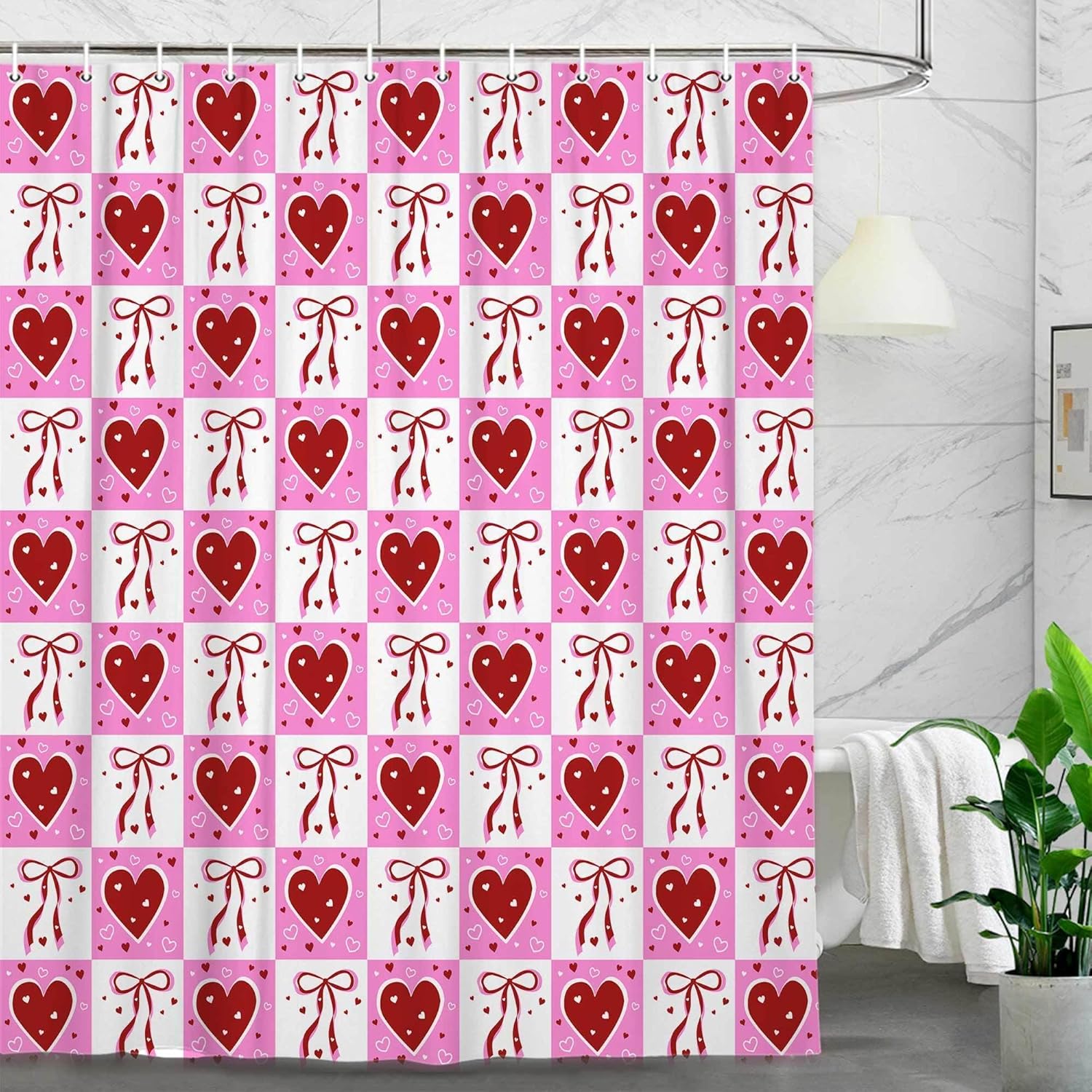 Valentine's Shower Curtain, Pink Red Heart Bow Checkered Plaid Girly Bathroom Curtain Home Decor, Aesthetic Aabstract Fabric Bath Accessories with 12 Hooks, 72X85IN