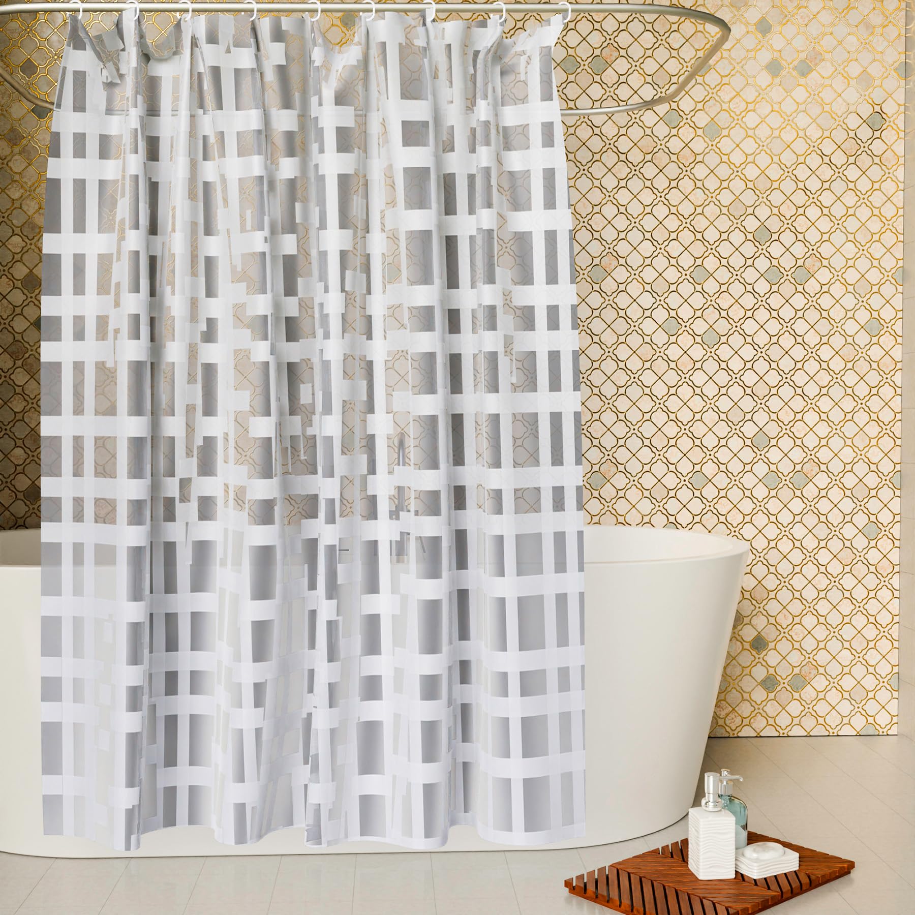 Urbane Home Shower Curtain | PVC Shower Curtain with Hooks | Shower Curtain for Bathroom | AC Shower Curtain | Self Check Bathroom Shower Curtain | 7 Feet | White
