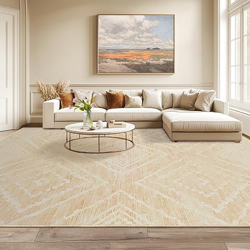 BESTSWEETIE 9x12 Area Rug Machine Washable Non-Slip Low Pile Print Pattern Western and Aztec Rug for Living Room Bedroom Entryway-Light Camel/Cream/Pink