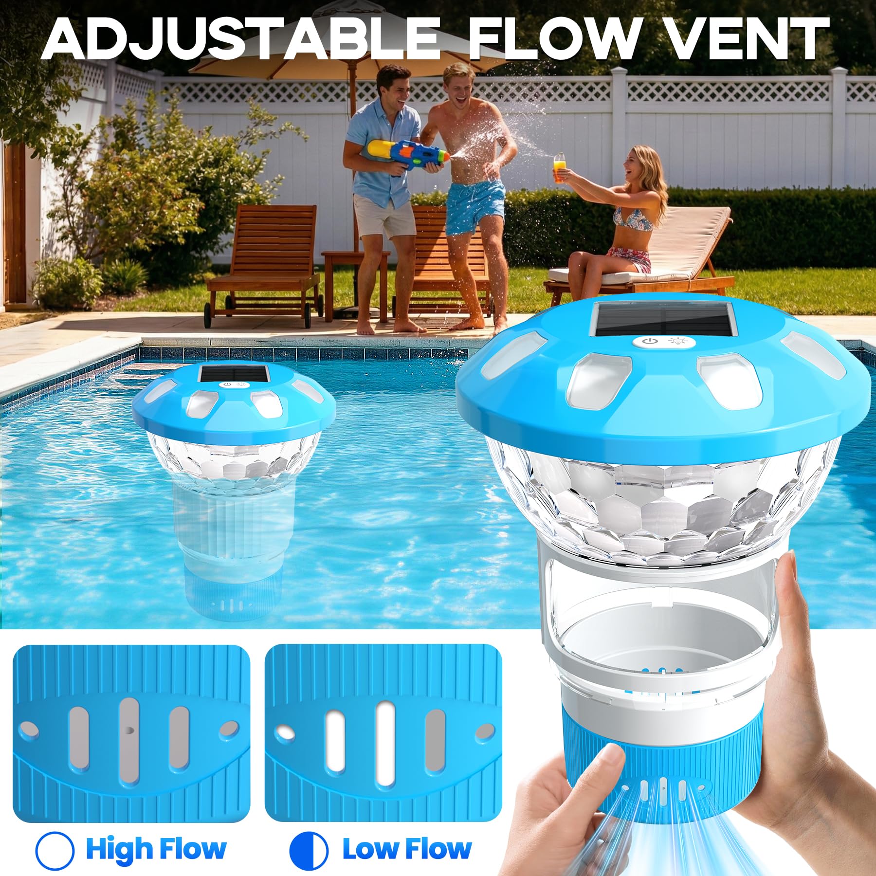 KingSom 2026 Dosierschwimmer Pool, Chlor Dosierschwimmer mit LED-Licht, Tastenbedienung Solar Pool Dosierschwimmer, Einstellbare Pool Chlor Schwimmer für 4 * 3" Chlortabletten, Chlordosierer für Pool