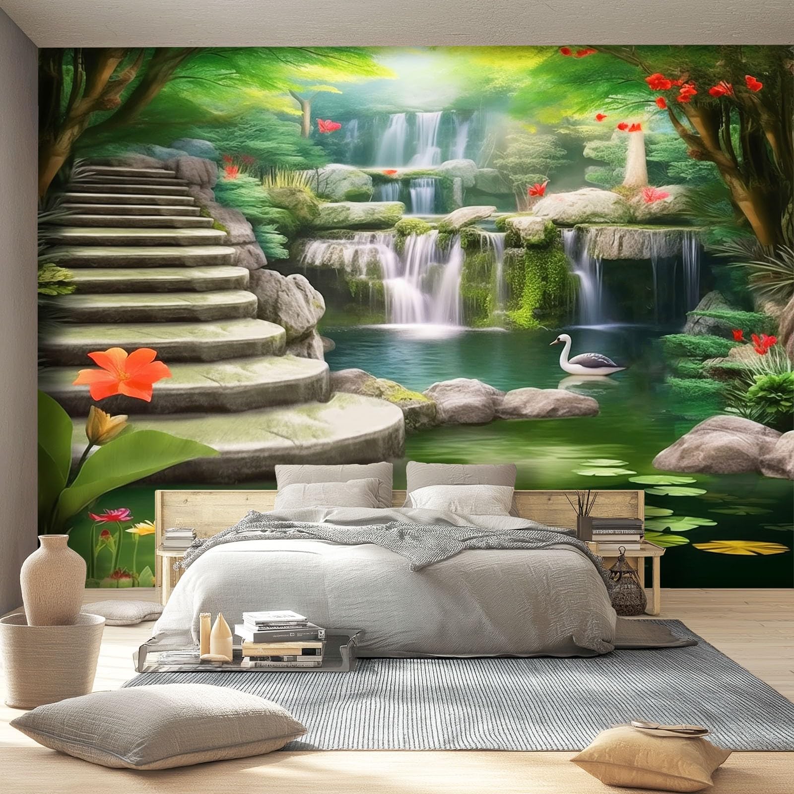 Tapeta 3D włóknina naturalna wodospad 3D 350 x 256 cm tapeta dekoracja ścienna do salonu sypialnia zielona
