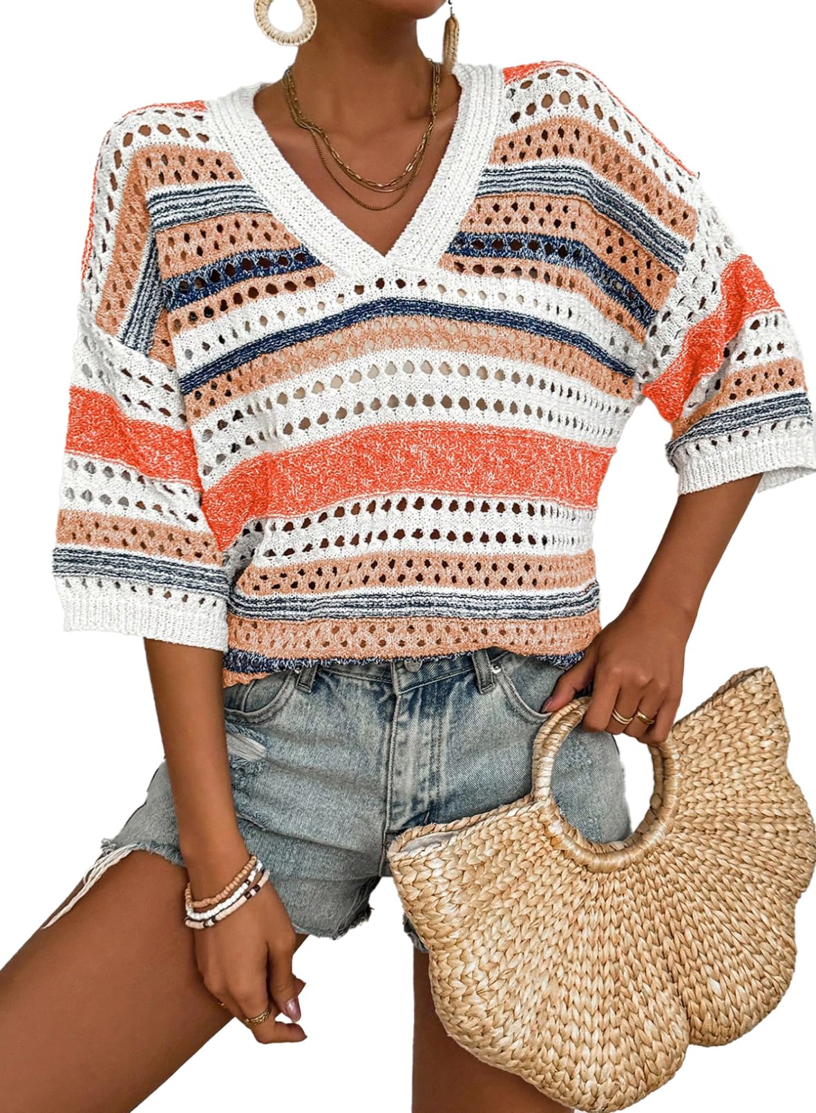 Acelitt Womens Short Sleeve Crochet Knit Sweater Hollow Out Striped Tops Beach Vacation Cruise Outfits