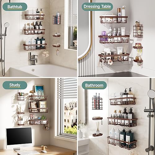 Miniatura 8 de Veken Paquete de 6 organizadores de ducha, sin taladrar y a prueba de óxido, estantes adhesivos impermeables con soporte para jabón, organizadores