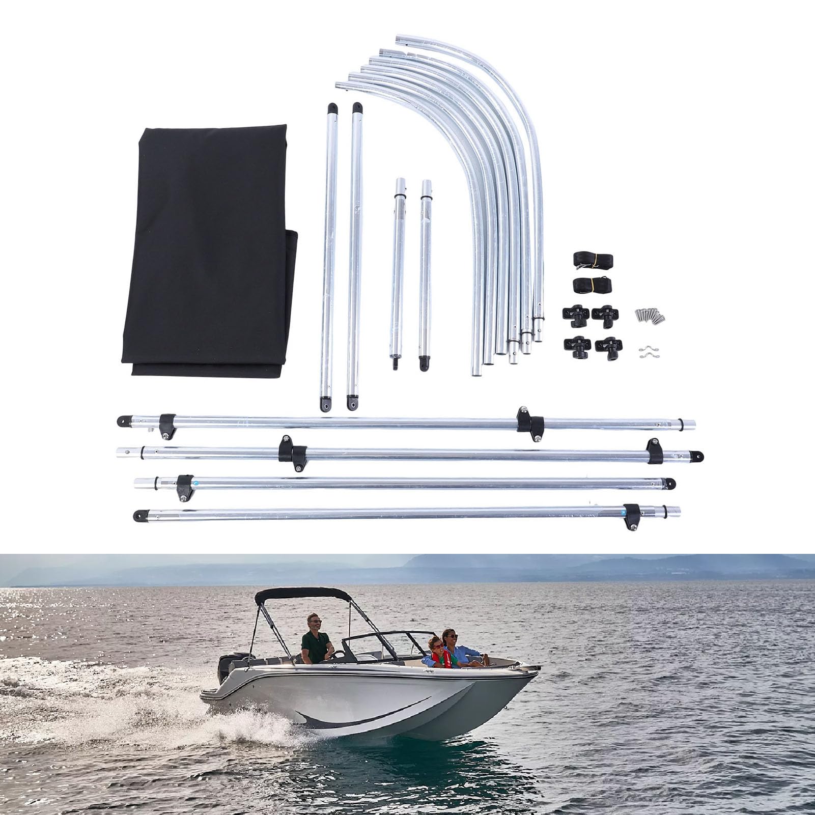 Canopato Barche, Copertura Barca a Bimini in Poliestere 600d 3 Bimini con Telaio in Lega Alluminio 1 in Runabout, Sostituzione Baldacchino Ombra Solare a Prova Acqua