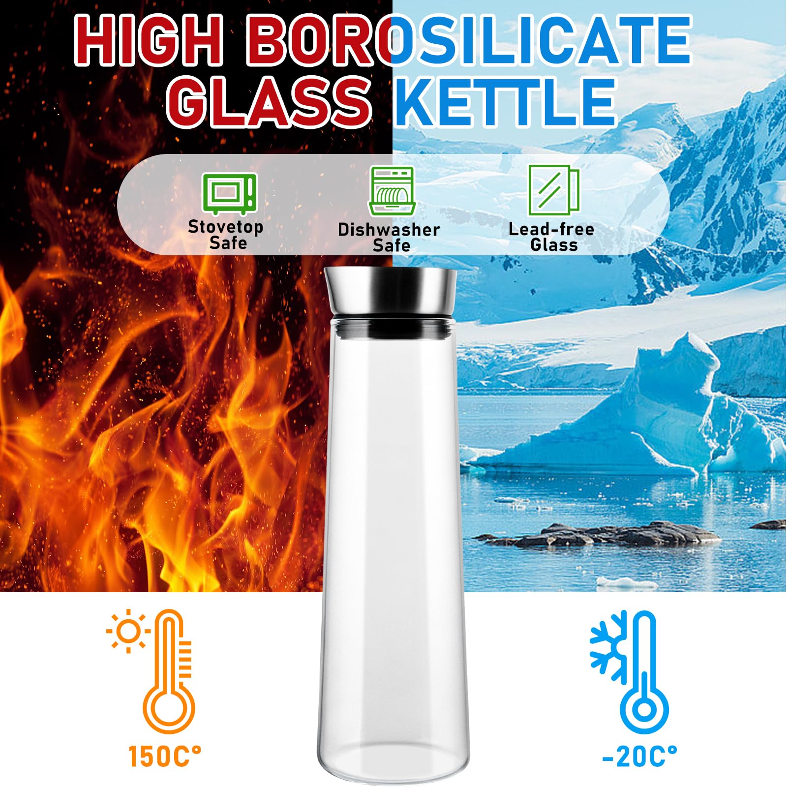 APACALI 2 caraffe per acqua in vetro con coperchio, caraffa in vetro da 1,5 litri, coperchio in vetro in acciaio inox, caraffa in vetro per bevande fatte in casa, tè freddo, latte, caffè e vino