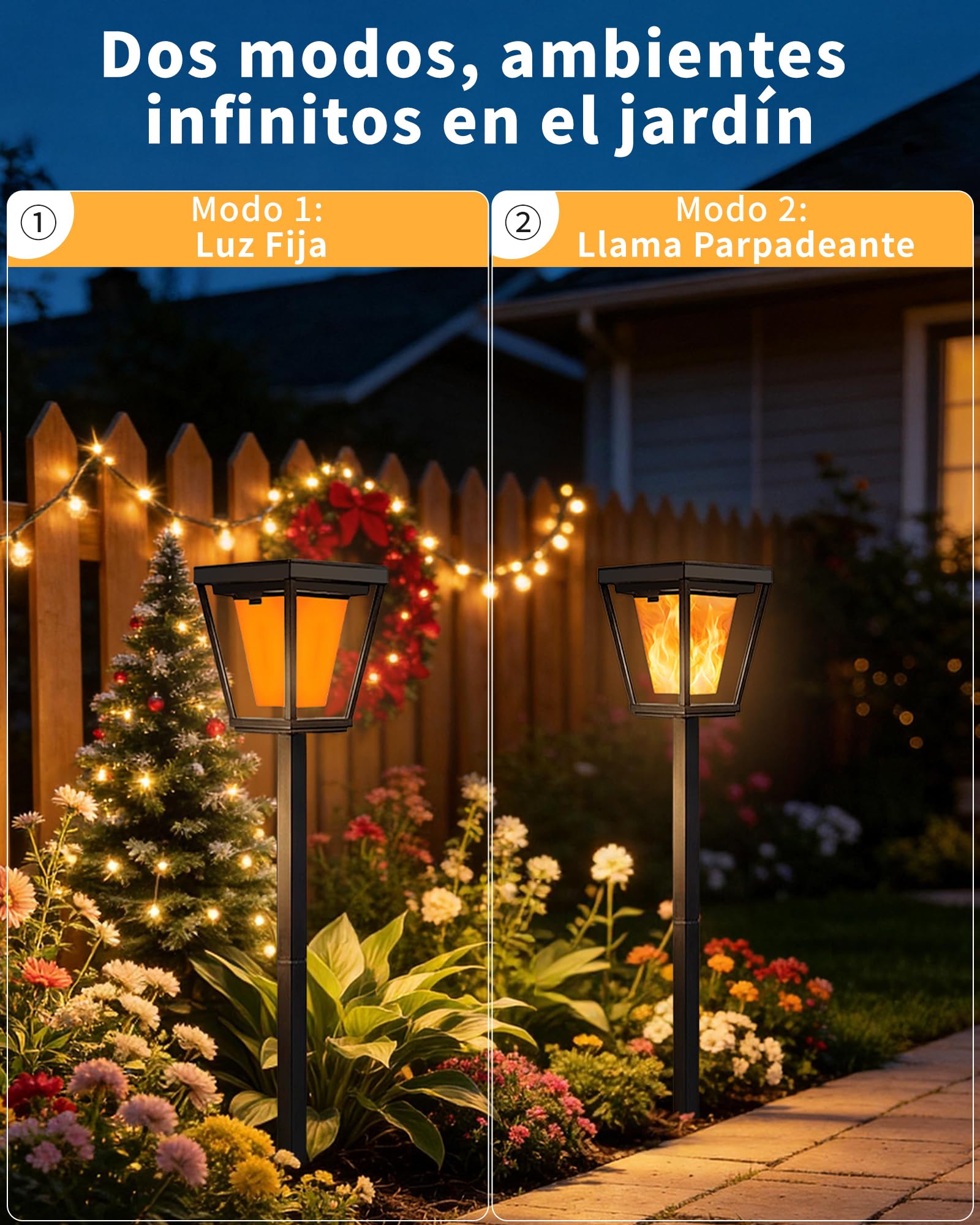 6 lámparas solares para exteriores con efecto de llama parpadeante, inalámbricas | 2 modos (luz blanca cálida/llama parpadeante), impermeable IP65, encendido y apagado automático, estaca para jardín o terraza