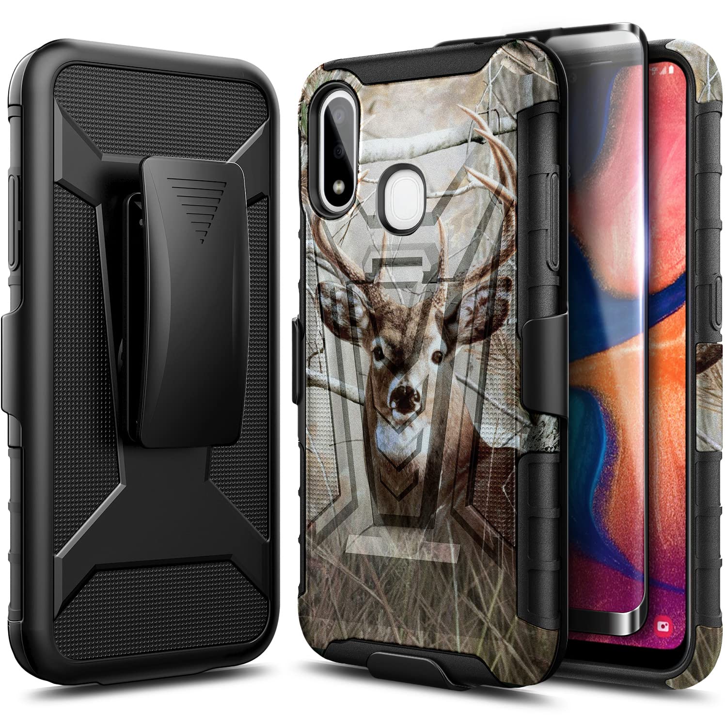 E-Began Case for Samsung Galaxy A20/A30 with Tempered Glass Screen Protector, Belt Clip Holster, Kickstand Protective Hybrid Cover Heavy Duty Armor Defender Shockproof Rugged Premium Case -Deer