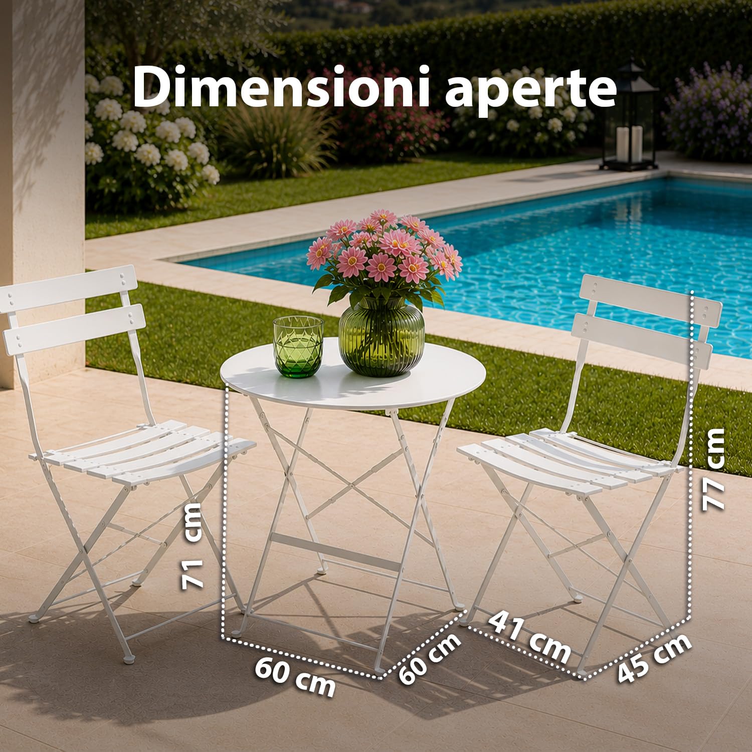 Avilia - Set Tavolo e 2 Sedie da Giardino Pieghevoli – Tavolo Rotondo Ø60 cm, 2 Sedie, Ferro | Tavolo e Sedie da Esterno, Tavolo 150 kg, Sedie 100 kg, Chiudibile, Balcone e Terrazzo (Bianco)
