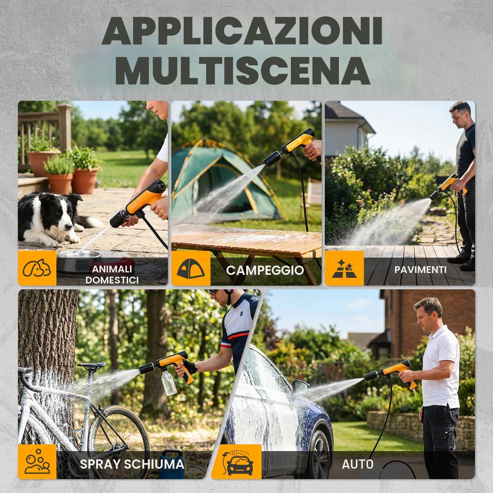 DEKO Idropulitrice a Batteria Portatile 7.4V: 130PSI 2000ml/min, 5 Modalità Spruzzo, Pistola Idropulitrice per Lavaggio Auto, Giardino, Campeggio, Pavimenti e Animali Domestici