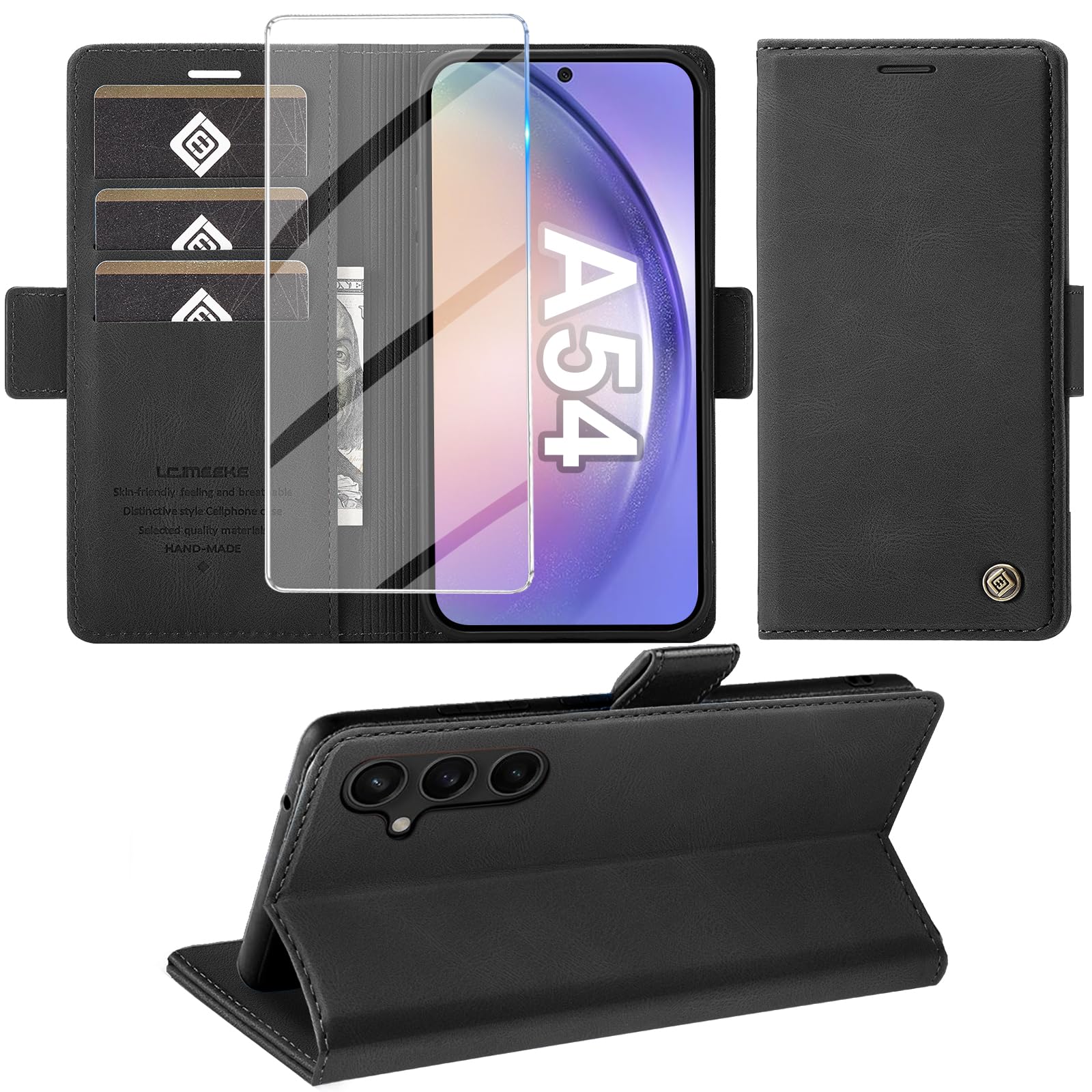 Giyer Cover per Samsung Galaxy A54 5G Custodia con Vetro Temperato, Premium Pelle PU Portafoglio Slot per Scheda RFID Antifurto Funzione Supporto Flip Case, Antiurto per Samsung A54 5G Cover (Nero)