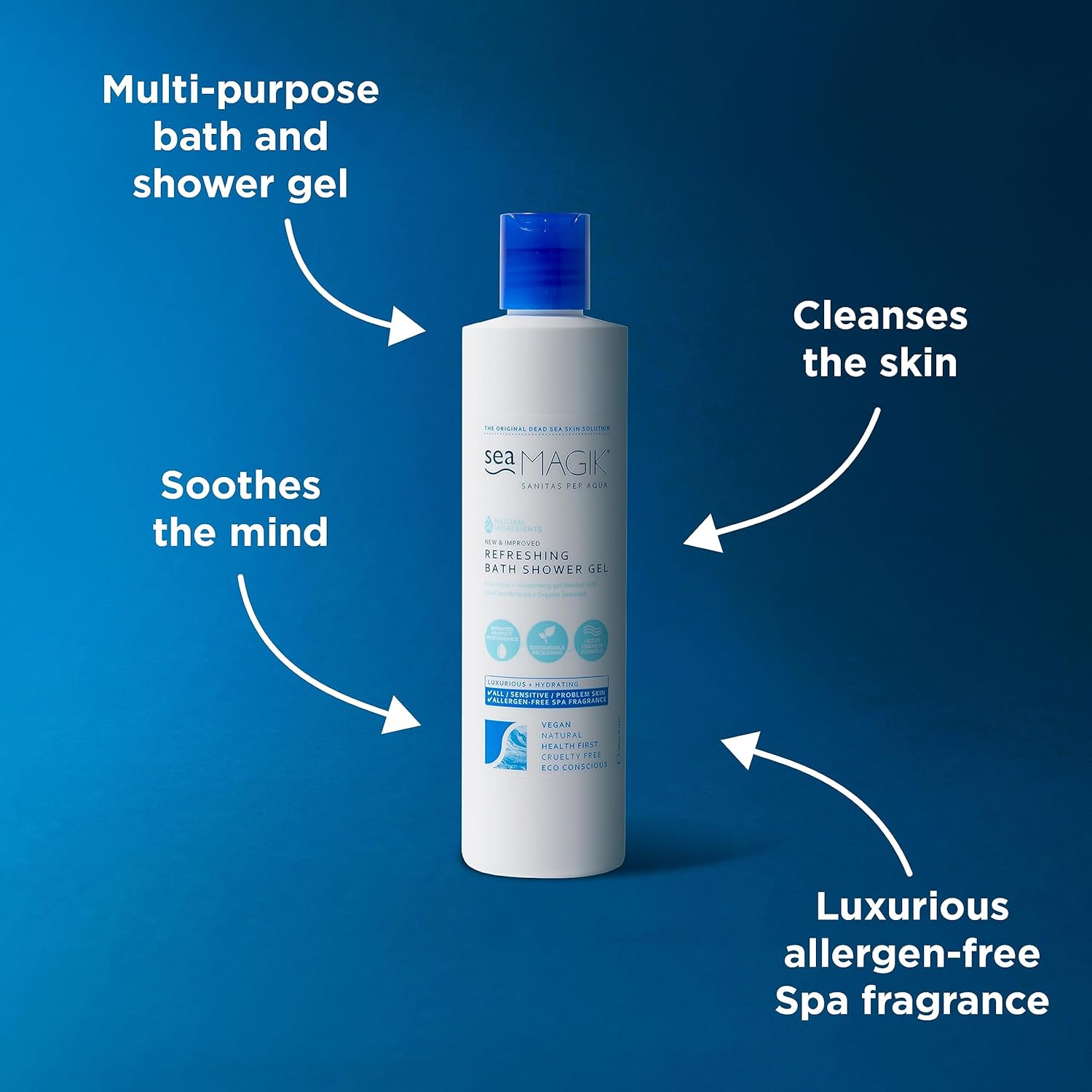 Sea Magik Refreshing Bath Shower Gel 10.14oz/ 300ml with Dead Sea Salt, Organic Seaweed and Plant extracts /100% Vegan/Sustainable Packaging