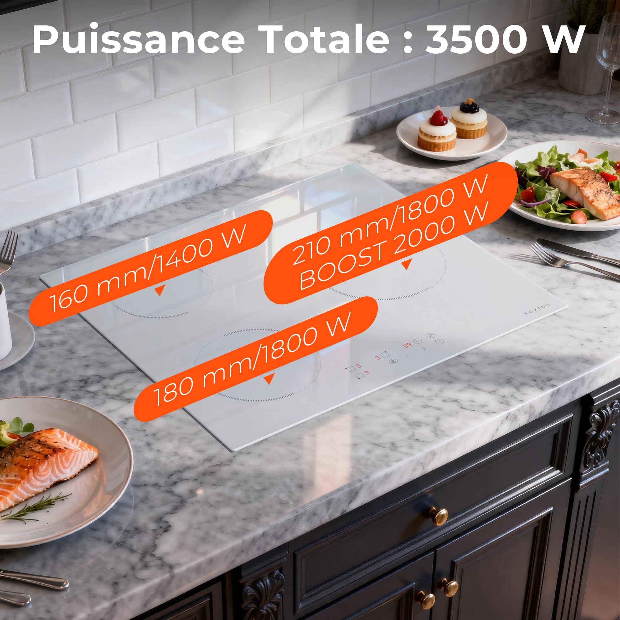 Karinear Plaque Induction Blanc 3 Feux avec Prise | Plaque de Cuisson Induction Encastrable 59CM, 3500W, Commande Tactile, Boost, Verrou de Sécurité, Minuterie, 220V
