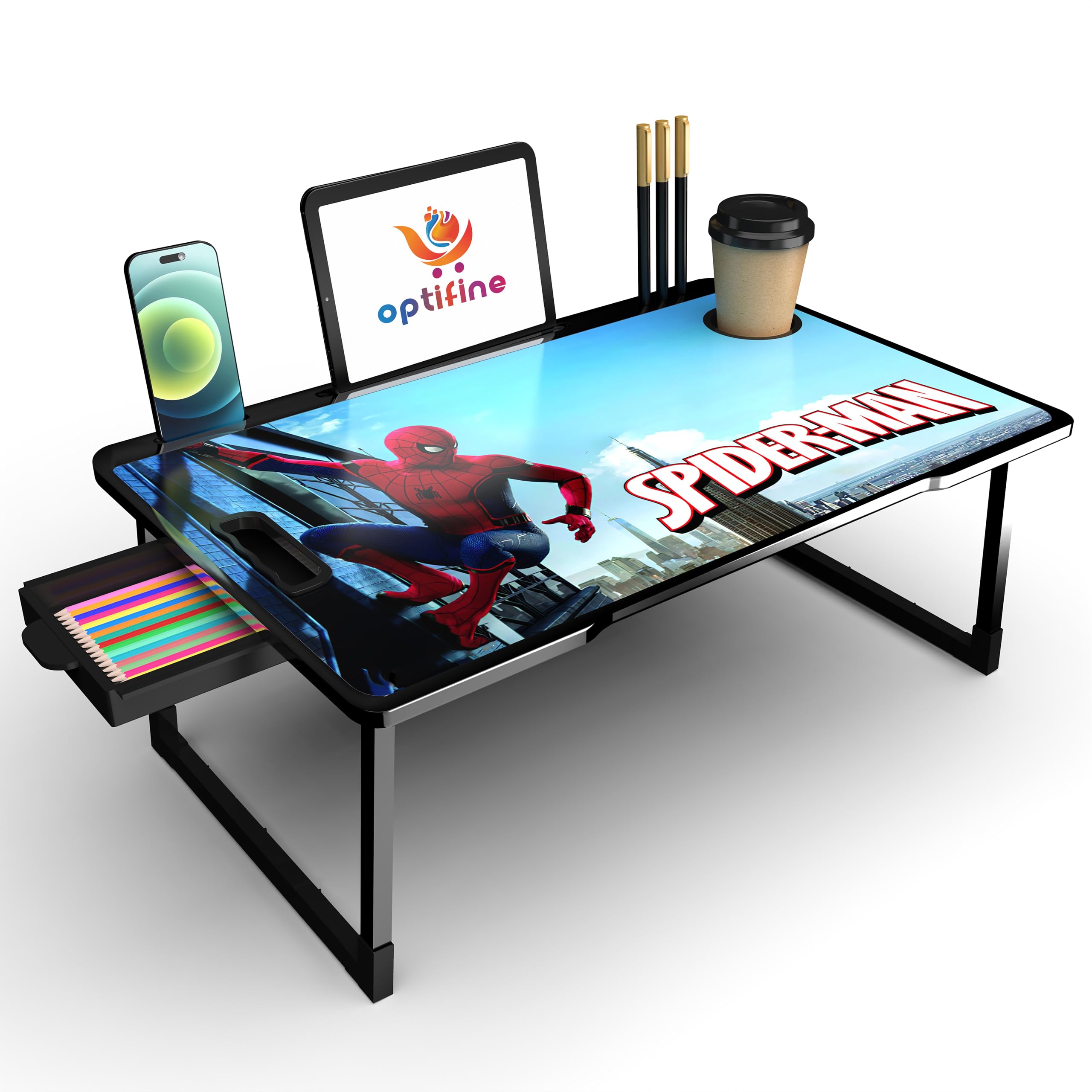 OPTIFINE Study Table/Bed Table/Foldable and Portable Wooden/Writing Desk for Office/Home/School (Black-COTTED-SPIDERMEN), 15x10 cm