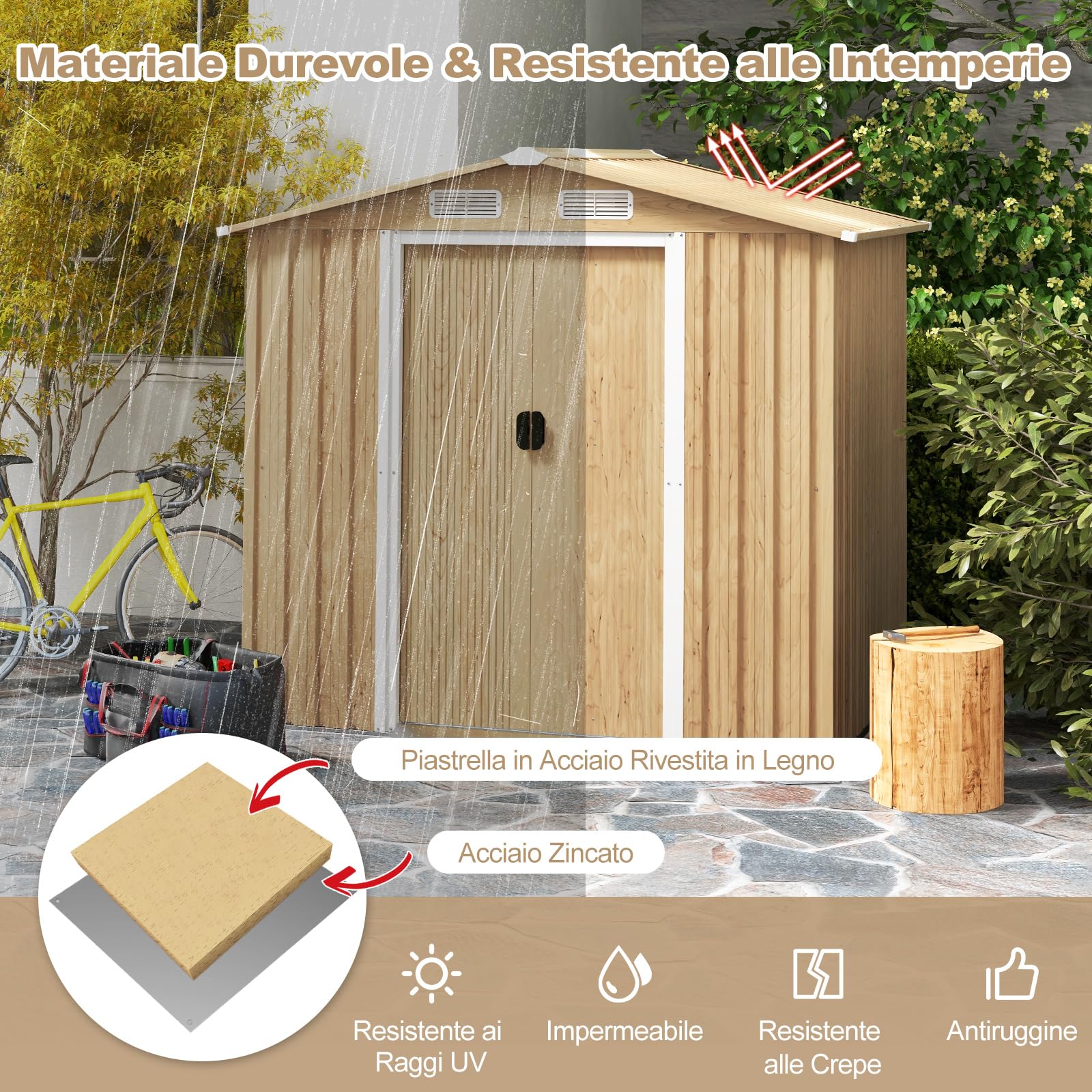 COSTWAY Casetta da Esterno 2,34㎡ Capanno Porta Attrezzi Lamiera Acciaio Zincata 196 x 142 x 186 cm