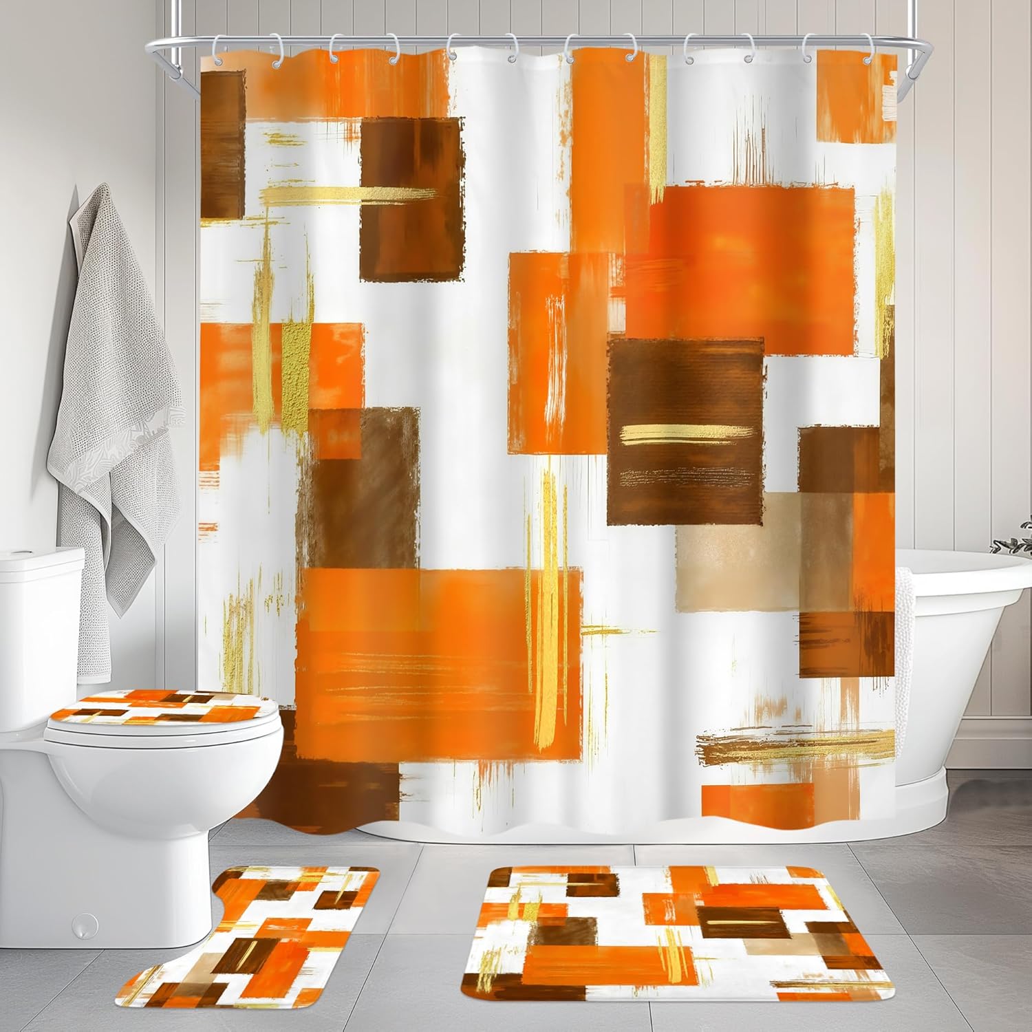 Cinbloo 4Pcs Orange Gold Shower Curtain Set,Abstract Girls Ombre Blush Simple Words Oil Painting Modern Bathroom Curtain with Rug, Toilet Lid Cover, Bath Mat,Geometrical Shower Curtain with 12 Hooks