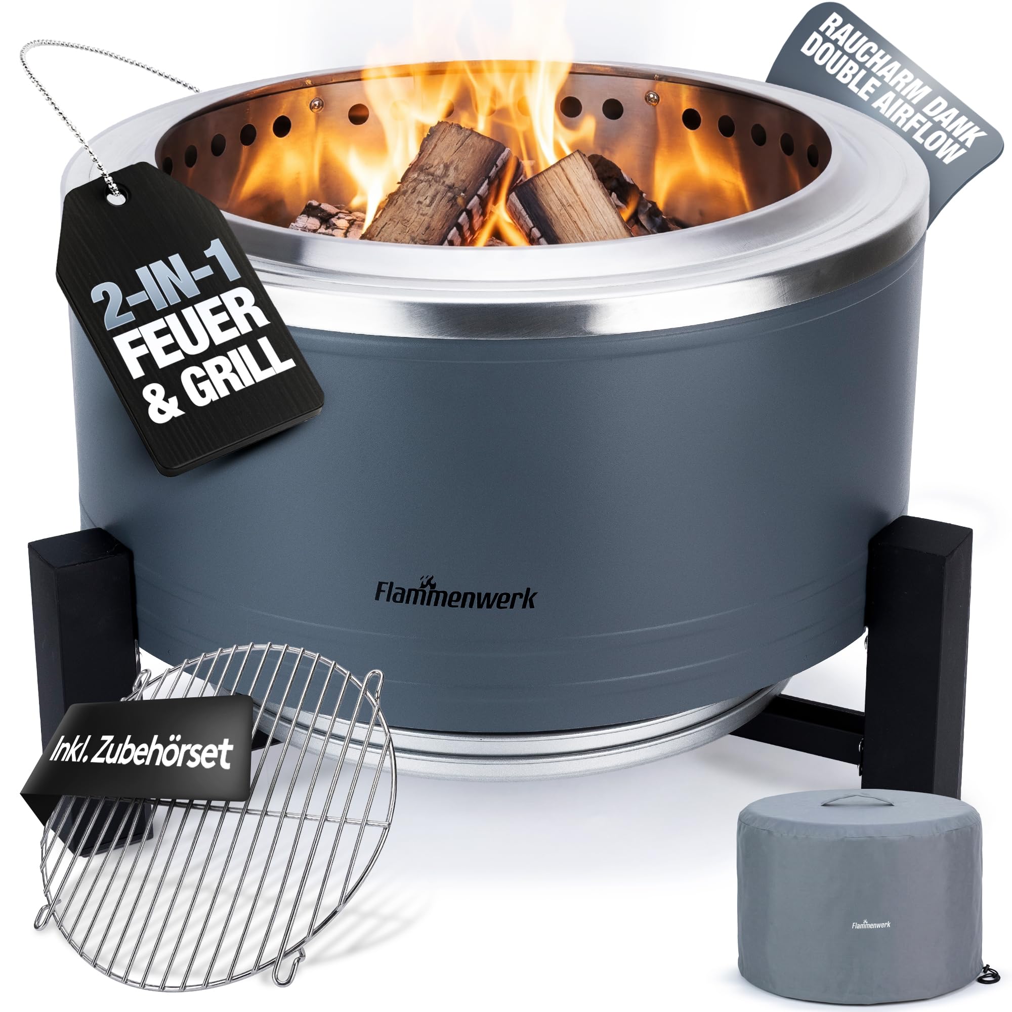 Rauchfreie Edelstahl Feuerschale Ø 56 cm| Raucharm Dank Turbo-Brenner | 2-in-1 Feuerstelle & Grill für Garten, Camping & Terrasse | Feuertonne & Feuerkorb für Holz & Pellets ohne Rauch Flammenwerk