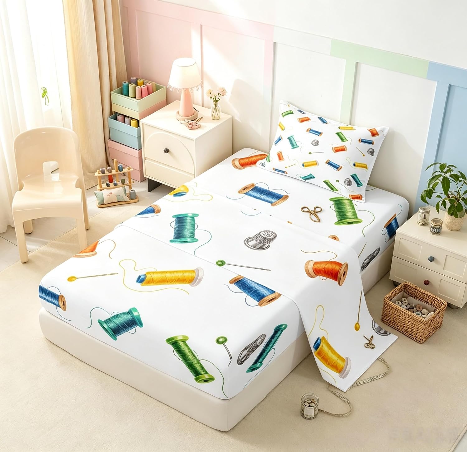 Homewish Watercolor Spool Bed Sheet Twin Size,Sewing Needle Bedding Sets 3Pcs for Kids Girls Boys Teens Room Decor,Colorful Sewing Tool Fitted Sheets Abstract Art Top Flat Sheet,1 Pillowcase