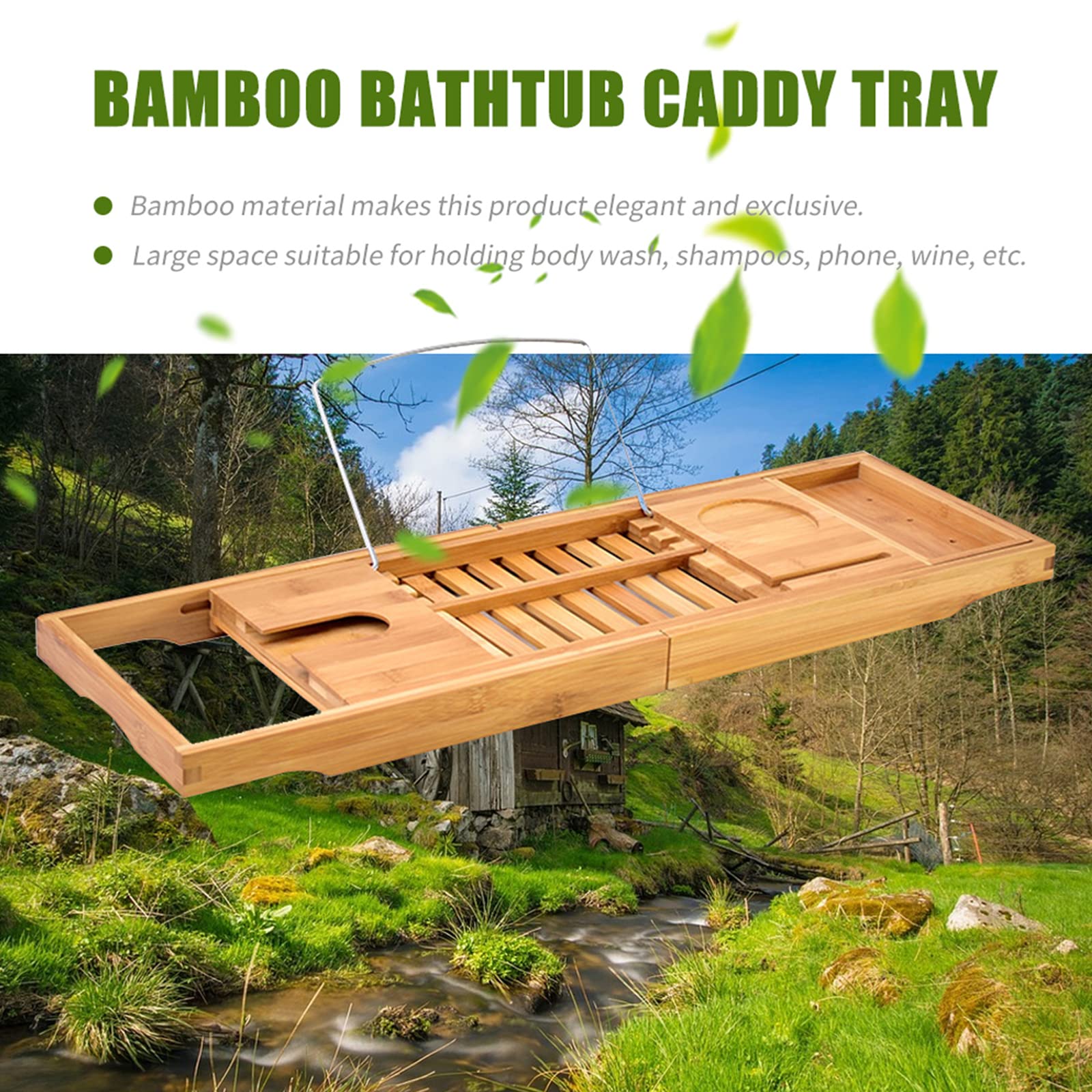 Bandeja Caddy para bañera de bambú de Primera Calidad, Bandeja de Madera Extensible con Soporte para Copas de Vino, Soporte para Lectura y Ranura para teléfono para bañeras, Caja Individual