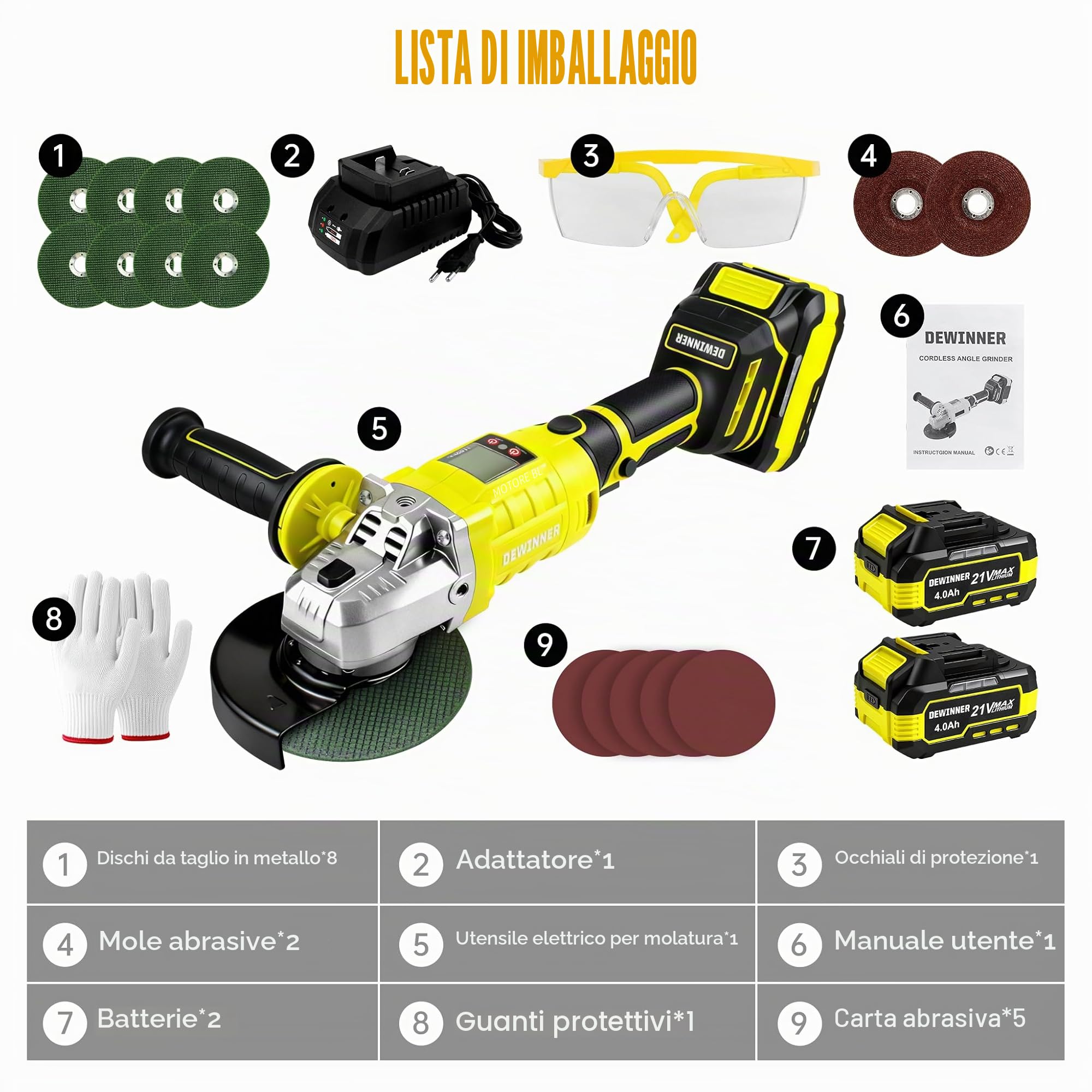 DEWINNER Smerigliatrice Angolare a Batteria Brushless 20V, Ø125mm, può ruotare di 90° su entrambi i lati.Smerigliatrice Angolare Senza Fili con 2 Batterie da 4.0Ah, 8500 giri/min, Dischi da Taglio