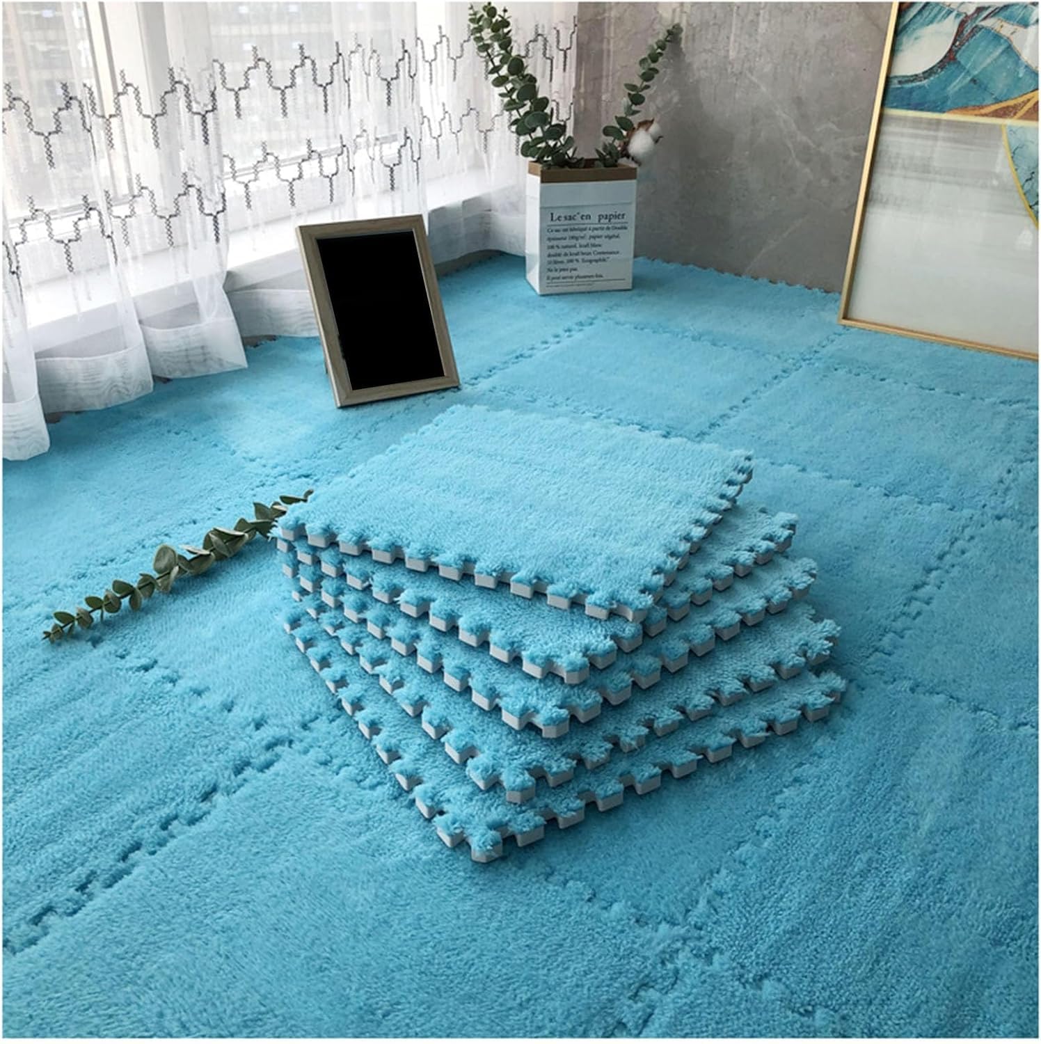 JvFbjLF Plush Foam Floor Mat 12x12inch Square Foam Playmat Fluffy Interlocking Foam Tiles(Dark Blue,20pcs)