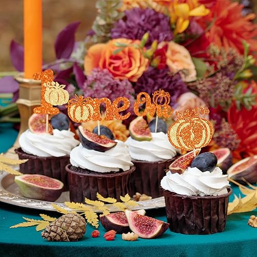 Miniatura 4 de Gyufise 24 piezas de calabaza con purpurina para cupcakes de 1er cumpleaños para temática de otoño, baby shower, fiesta de primer cumpleaños,