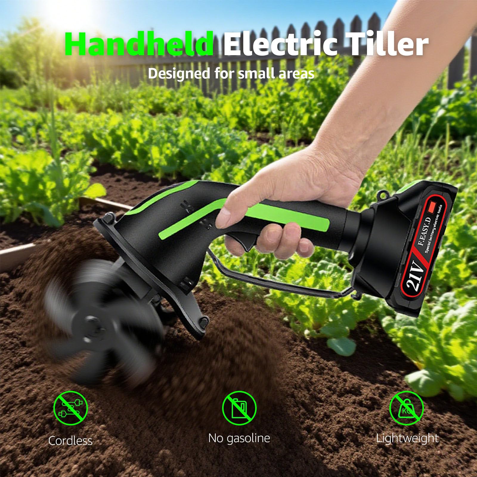 Billg Motobineuse Electrique sans Fil, 21V Motoculteur Électrique, 235 RPM Portable Motobineuse sur Batterie, Largeur/Profondeur de Travail 10/10 cm, Cultivateur pour Jardin, Yard, Culture du Sol