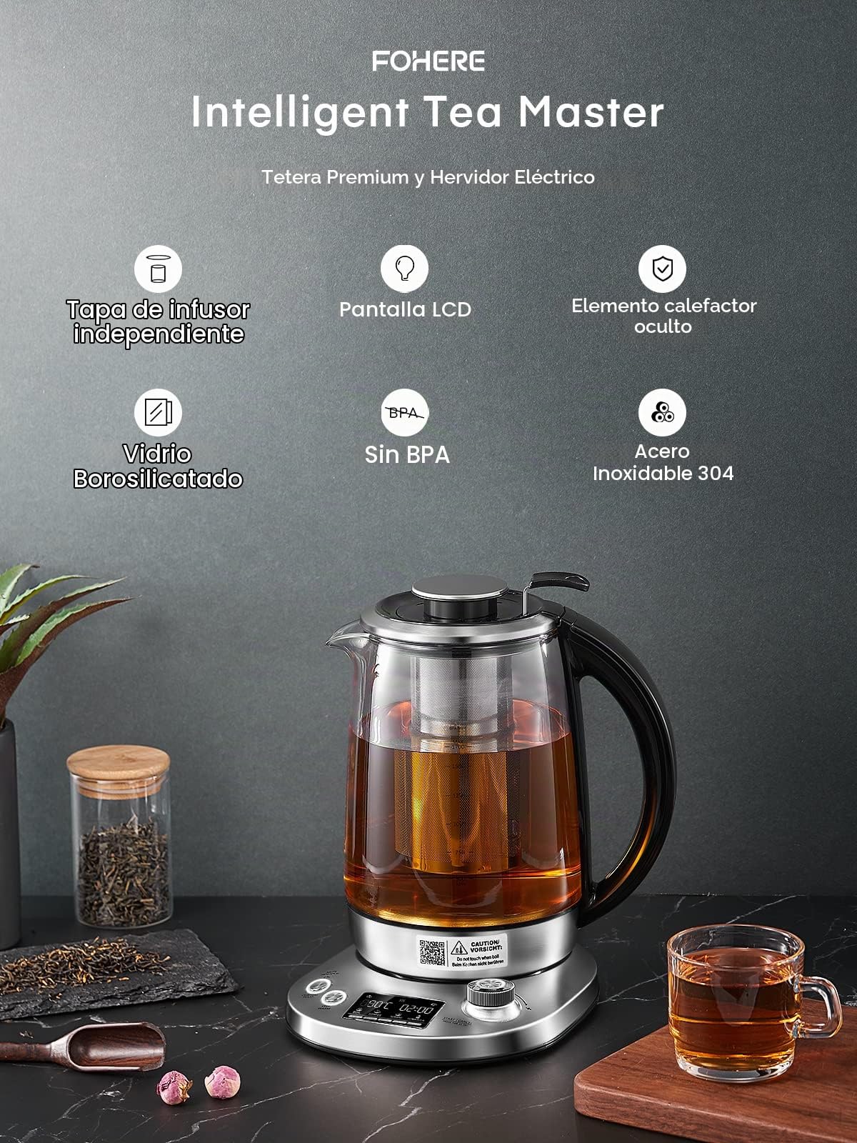Hervidor de Agua Eléctrico, 9 Presintonías de Control de Temperatura, 2200W, 2H Para Mantener Caliente, 1.7L con Infusor Extraíble, Pantalla LCD, Vidrio Borosilicato y Acero Inoxidable (Plata)