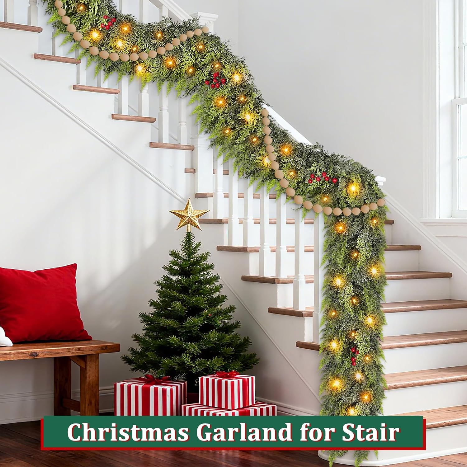Thicker&Timer - 6 Ft by 12 Inch Real Touch Cedar Garland with Lights Realistic Soft Thickness Christmas Garland, Lighted Faux Pine Garlands Cypress Garlands for Fireplace Mantle Table Indoor Outdoor