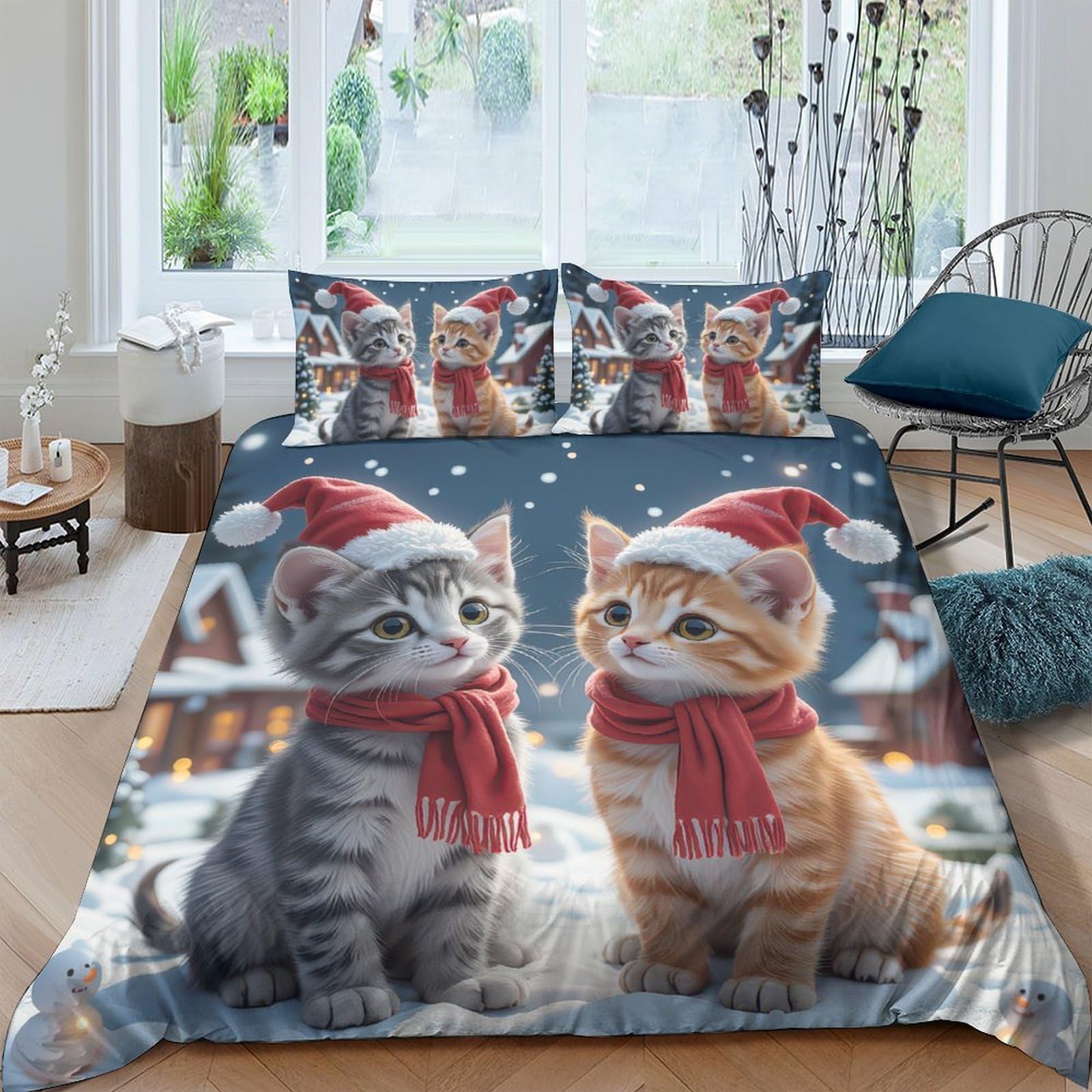 Ctjqhvkz Style-2 3D Printed Christmas Cat Fitted Sheet Microfiber Soft Winter Scene Bed Cover For Bedroom Guest Room Decor Single（135X200cm）