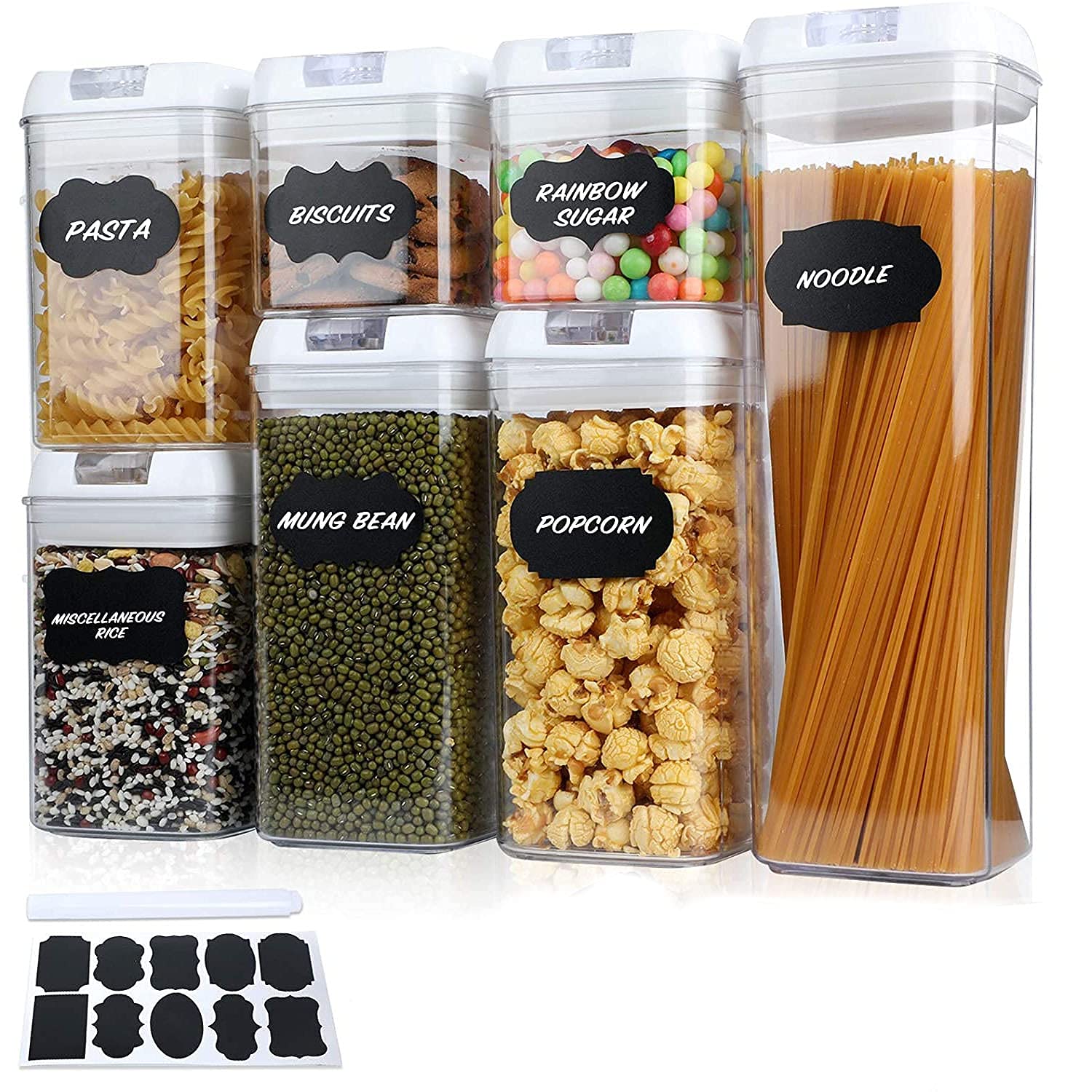 Thrink 7 Piece Set Clear & Airtight Kitchen/pantry Containers | Made From BPA-free Plastic | With 10 Labels & 1 Marker | Stackable & Easy To Clean | Ideal For Flour, Cereal, Pasta - WHITE