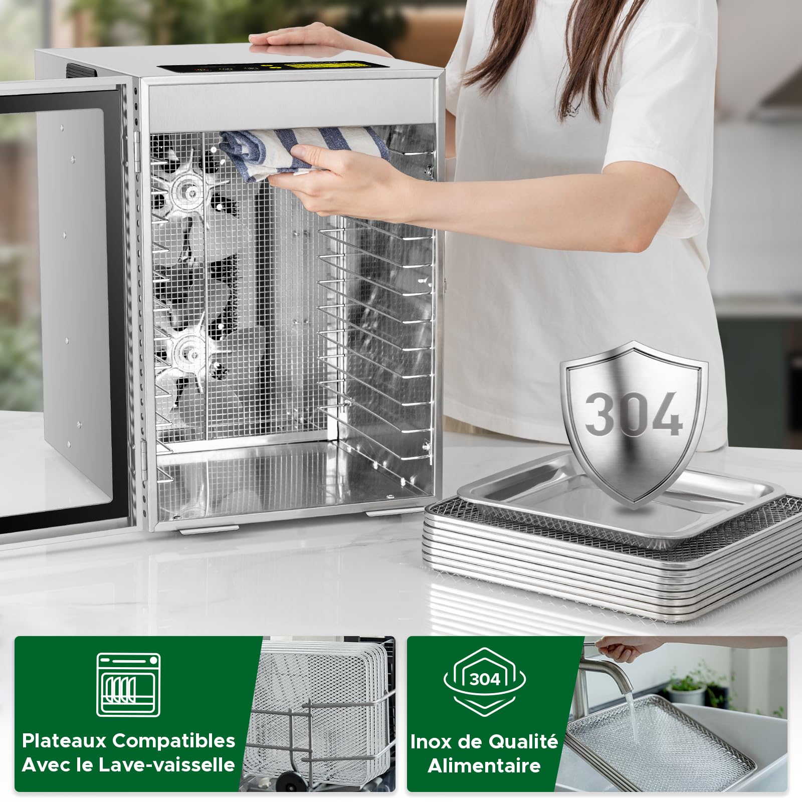 Kwasyo Deshydrateur Alimentaire avec 12 Plateaux Inox, Séchage efficace à 360 ° double ventilateur, Desydratateur Minuterie 24H et contrôle de température de 30 à 90 ℃, Protection contre la surchauffe