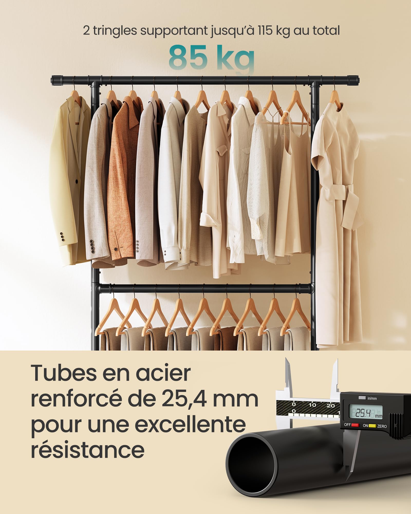 SONGMICS Portant à Vêtements, Capacité de Charge 110 kg, Porte-manteau sur Roulettes, Porte-vêtements Mobile, Tringle du Milieu Réglable, en Métal, Résistant, Style Industriel, Noir HSR62BK
