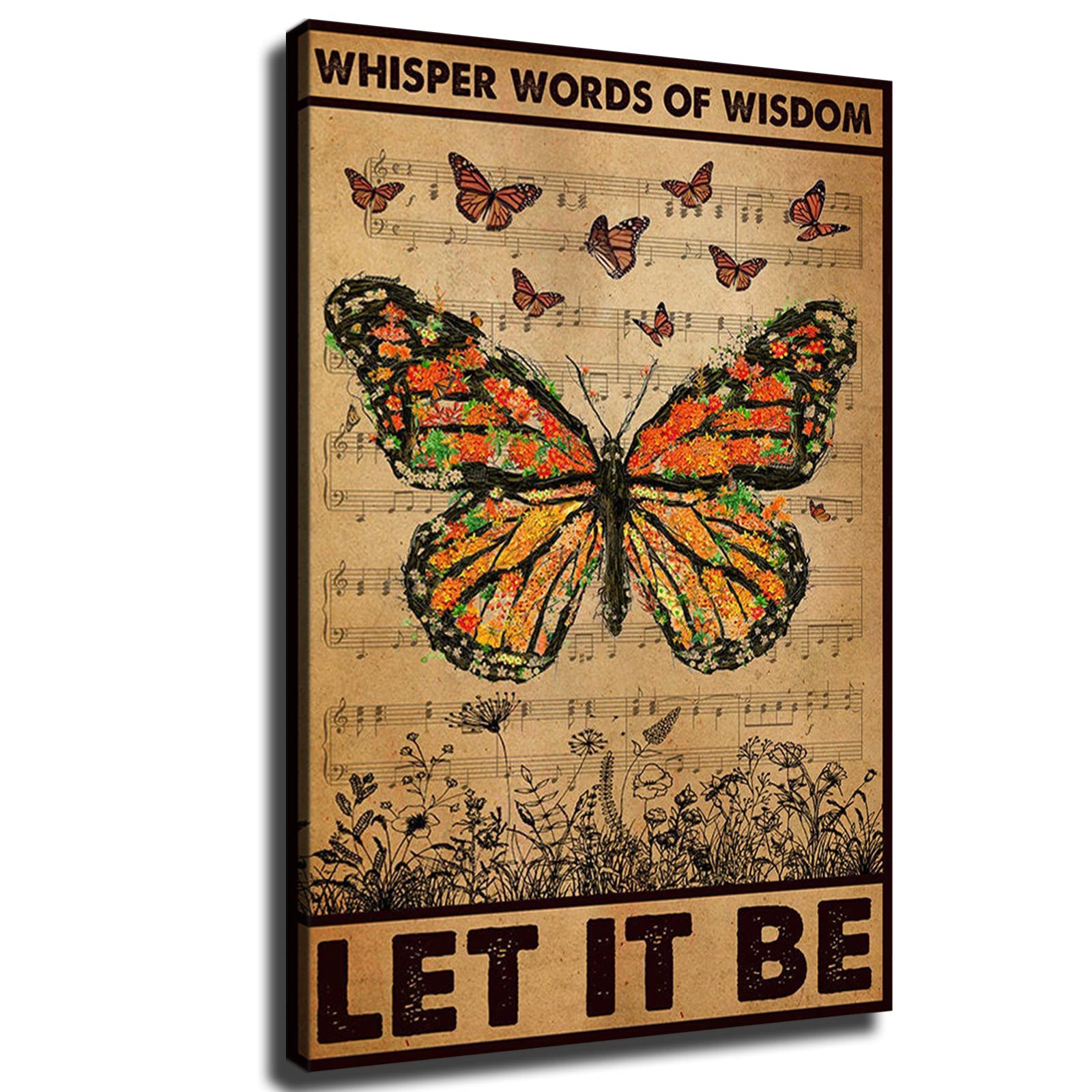 Hippie Vintage Butterfly Whisper Words Of Wisdom Let It Be Poster Canvas Print Wall Art Modern Classroom Kitchen Bedroom Room Aesthetics Decoration Boys Women Gift Unframed and Framed (12x16inch-Framed)