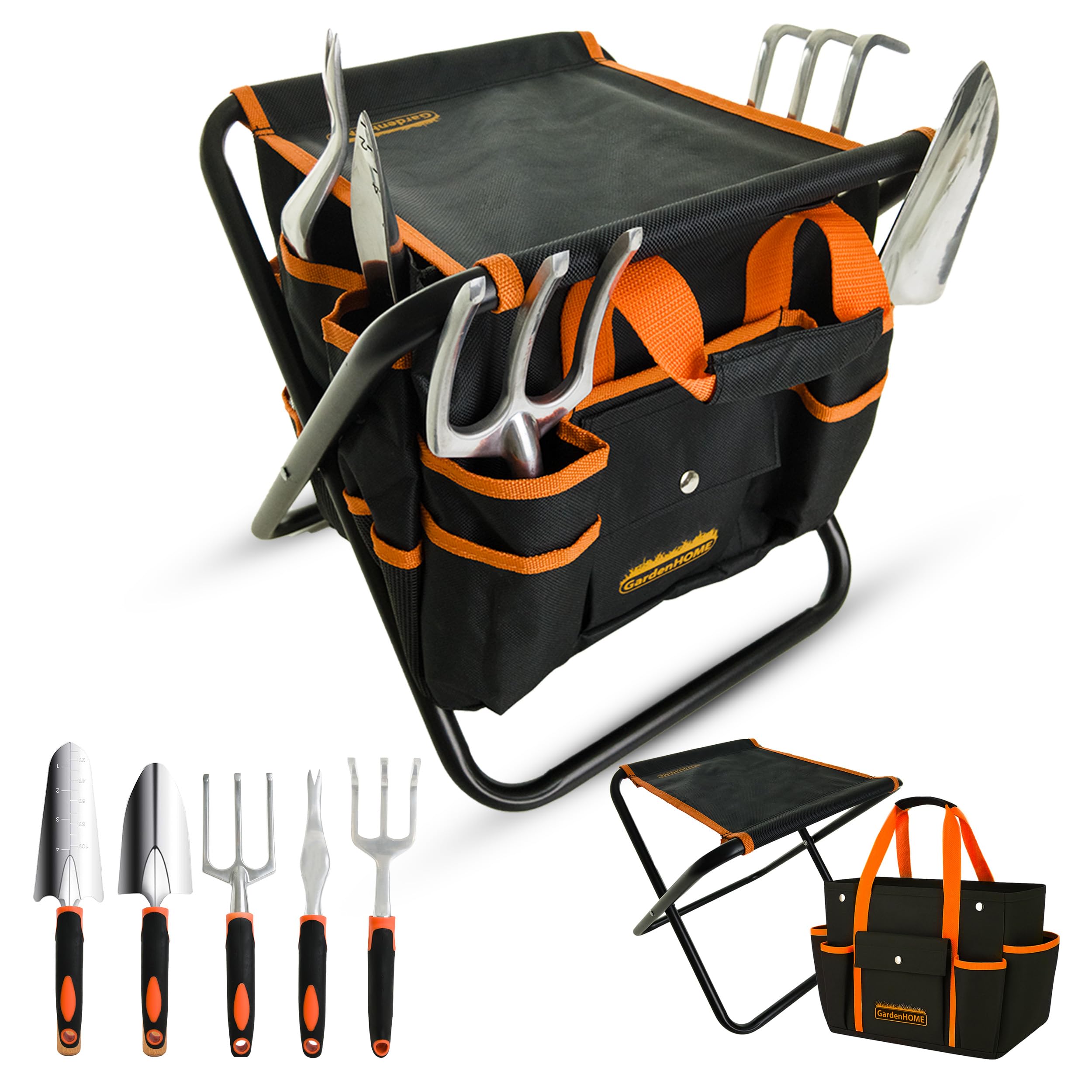 GardenHOME Set di attrezzi da giardino, set di attrezzi da giardinaggio da 7 pezzi, con sgabello pieghevole resistente e borsa per attrezzi da giardino rimovibile, regalo per donne uomini e bambini
