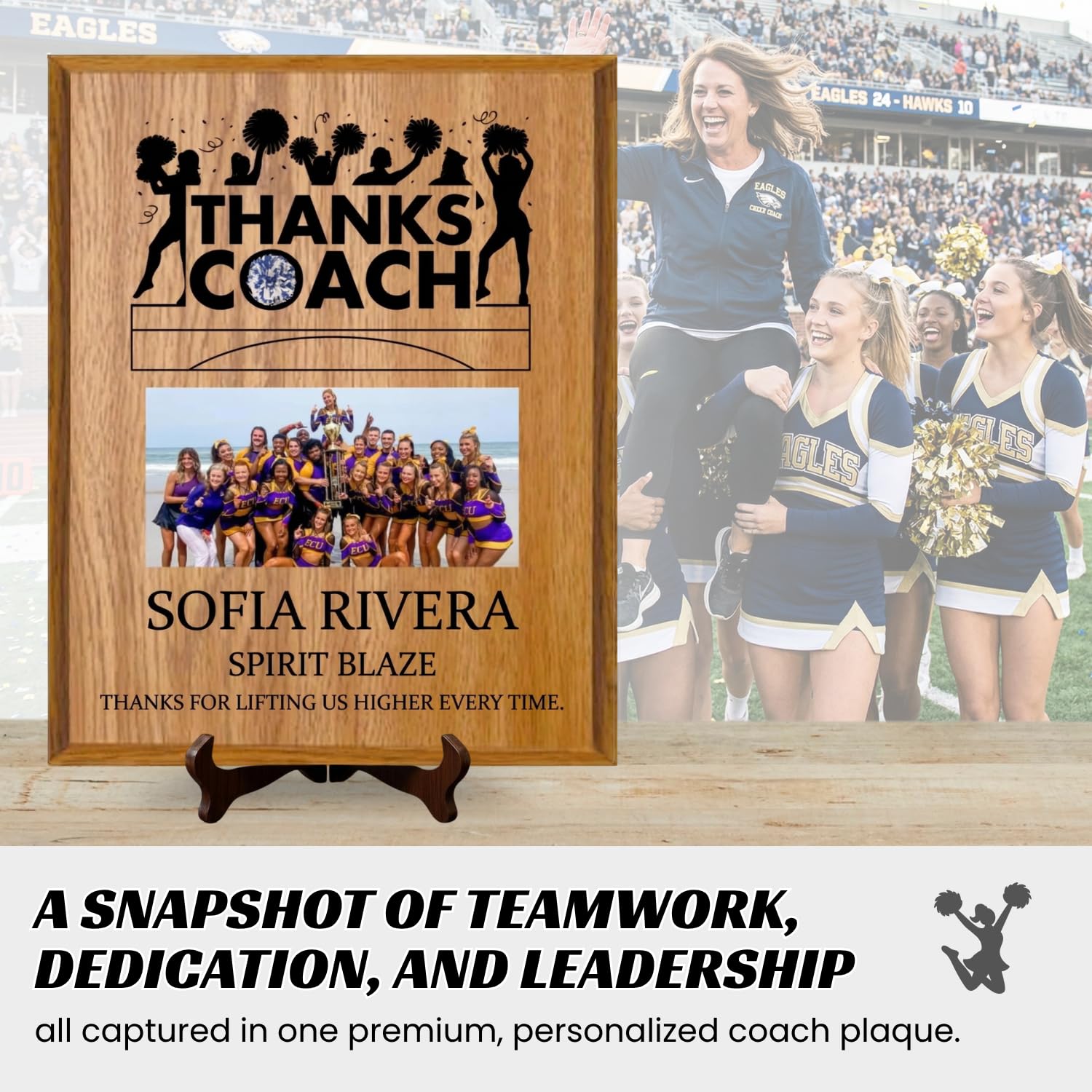 Personalized Coach Plaque - Custom Award with Name, Team Picture & Year - Coach Gift for Appreciation, Retirement, Soccer, Football, Baseball, Cheer (Cheerleading, 9" X 12")