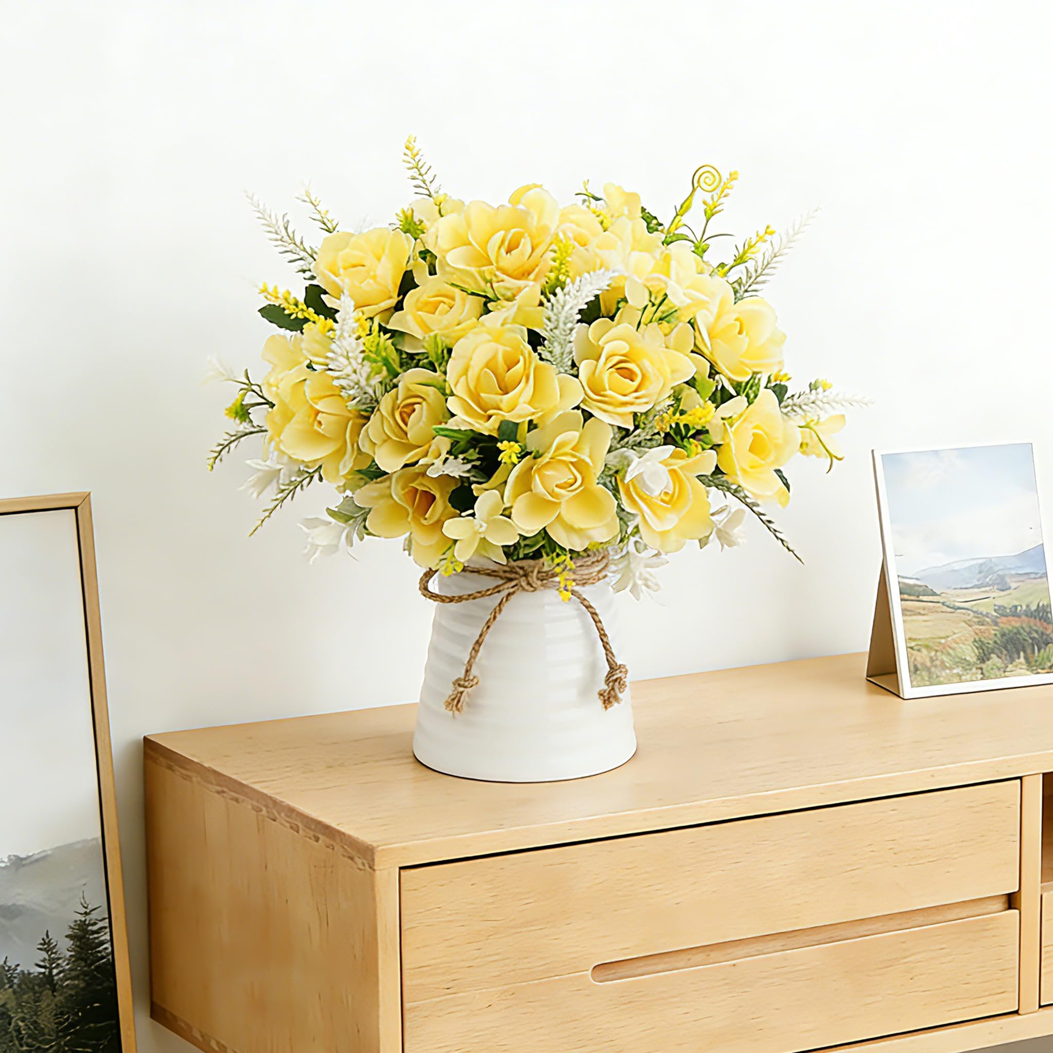 LESING Fiori artificiali con vaso, fiori finti in seta in vaso, fiori di gardenia, decorazione per casa, tavolo, ufficio, feste (bianco)