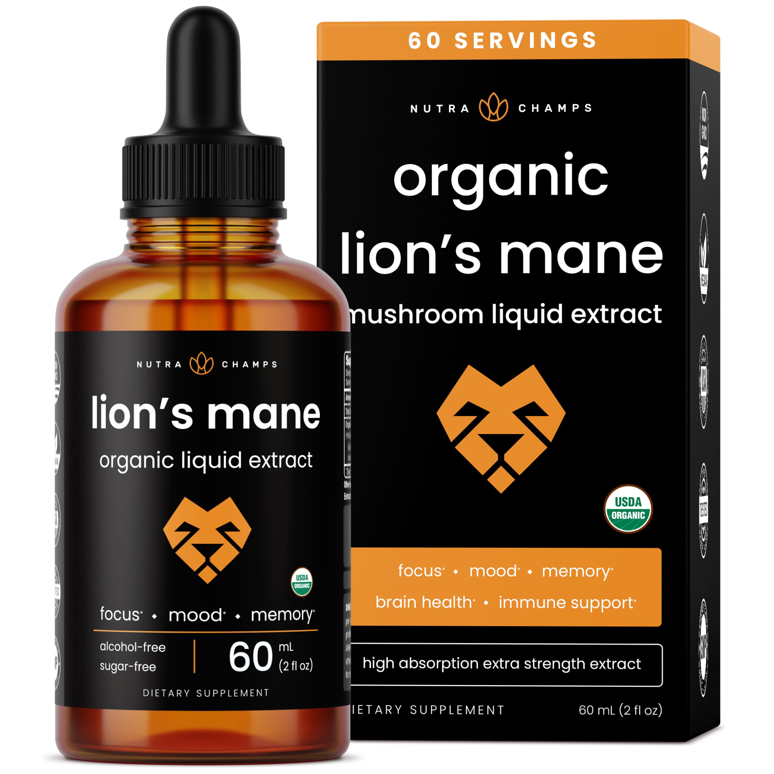 NutraChamps Lion’s Mane Tincture – USDA Organic Lion’s Mane Liquid Extract - 2 Fl OZ – Alcohol-Free, Lions Mane Drops for Memory, Focus & Cognitive Support