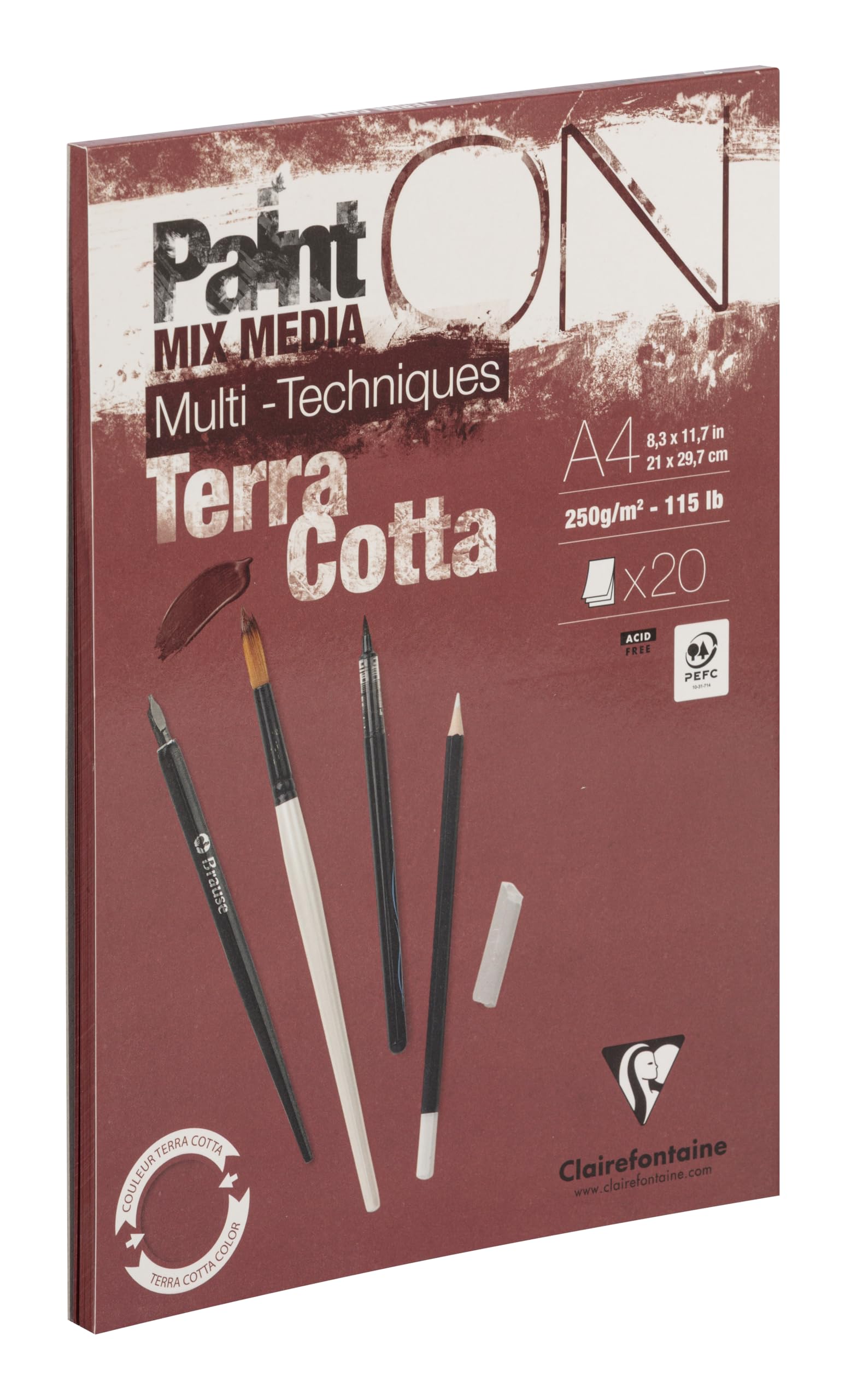 Clairefontaine 976153C PaintON Multi-Technique Terracotta A4 21x29.7 cm 250g Glued Pad - 20 Sheets Multi-Technique Drawing Paper with Rough Grain - Terracotta