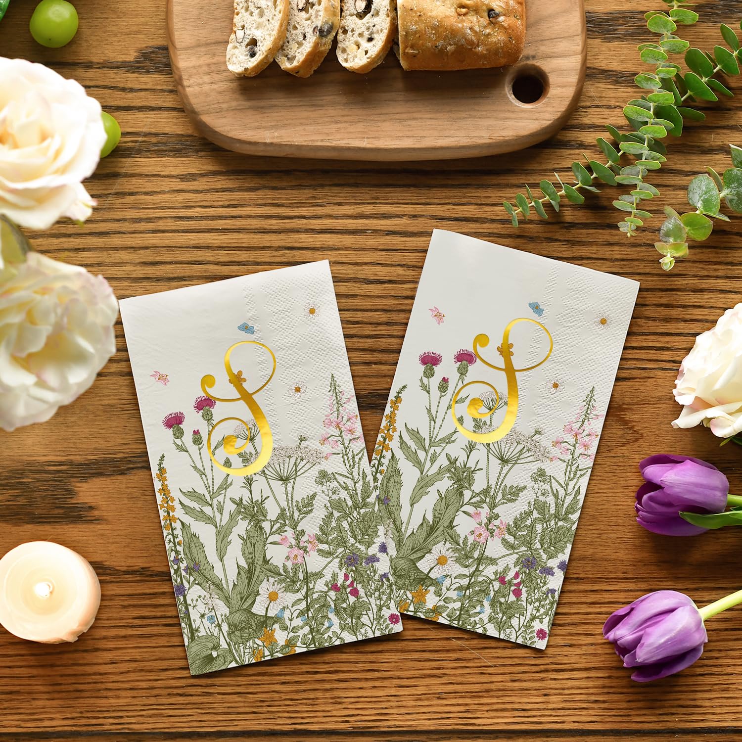 Horaldaily 100 Spring Monogram Disposable Paper Decorative Guest Napkins, Watercolor Flowers Gold Foil Letter S Wedding Party Baby Show Lunch Dinner Kitchen Bathroom