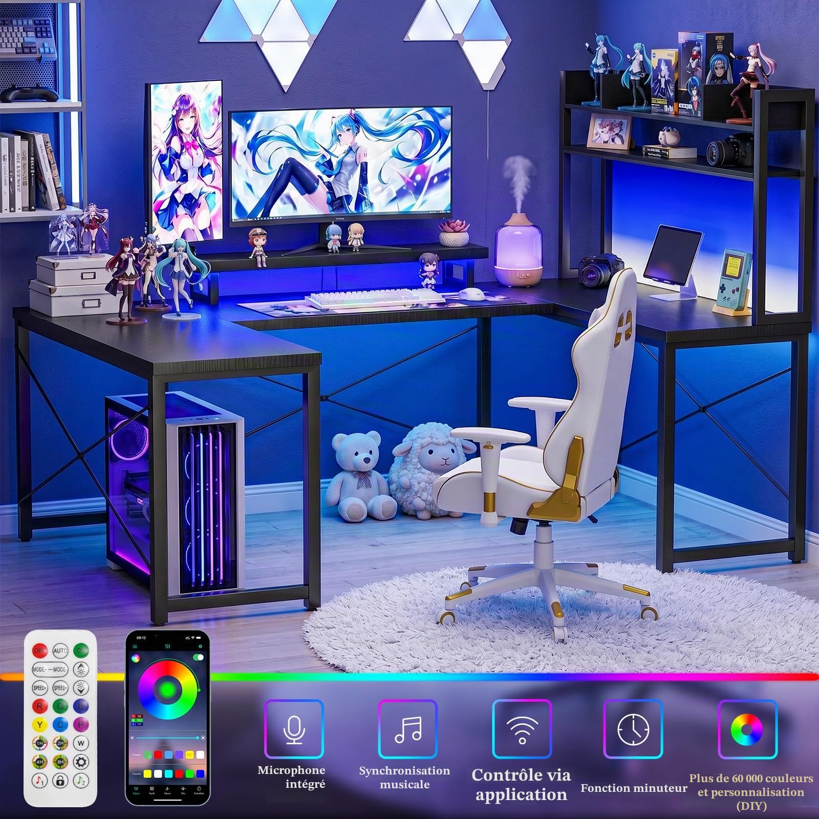 Homieasy Bureau Gaming d'angle Réversible L Ou U avec LED