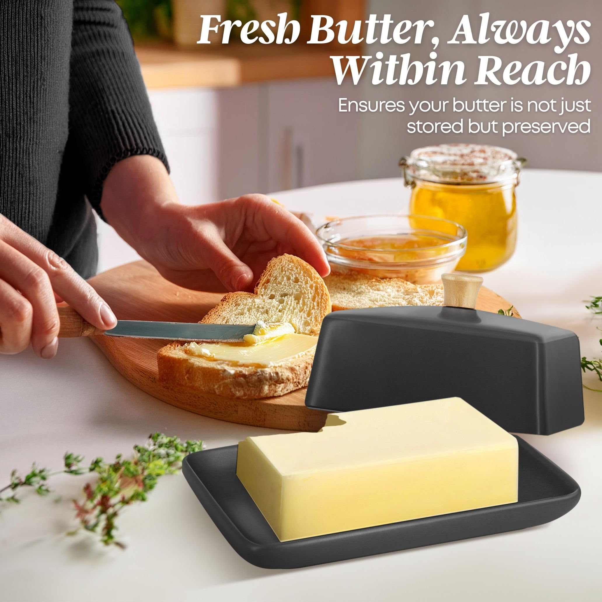 Flexzion Ceramic Gray European Butter Dish with Lid for Countertop (7 Inch) - Image 2
