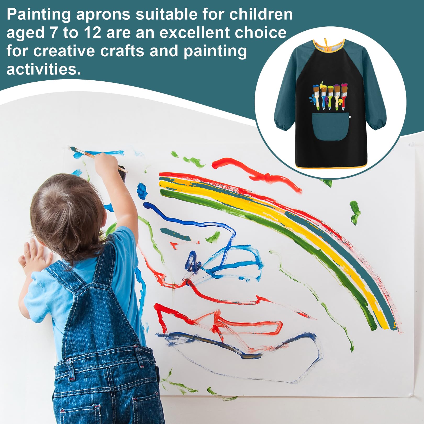 AONEGOLD Tablier de peinture enfant 7‑12 ans à manches longues, blouse imperméable avec grandes poches, pour peinture, cuisine, artisanat, repas et activités scolaires