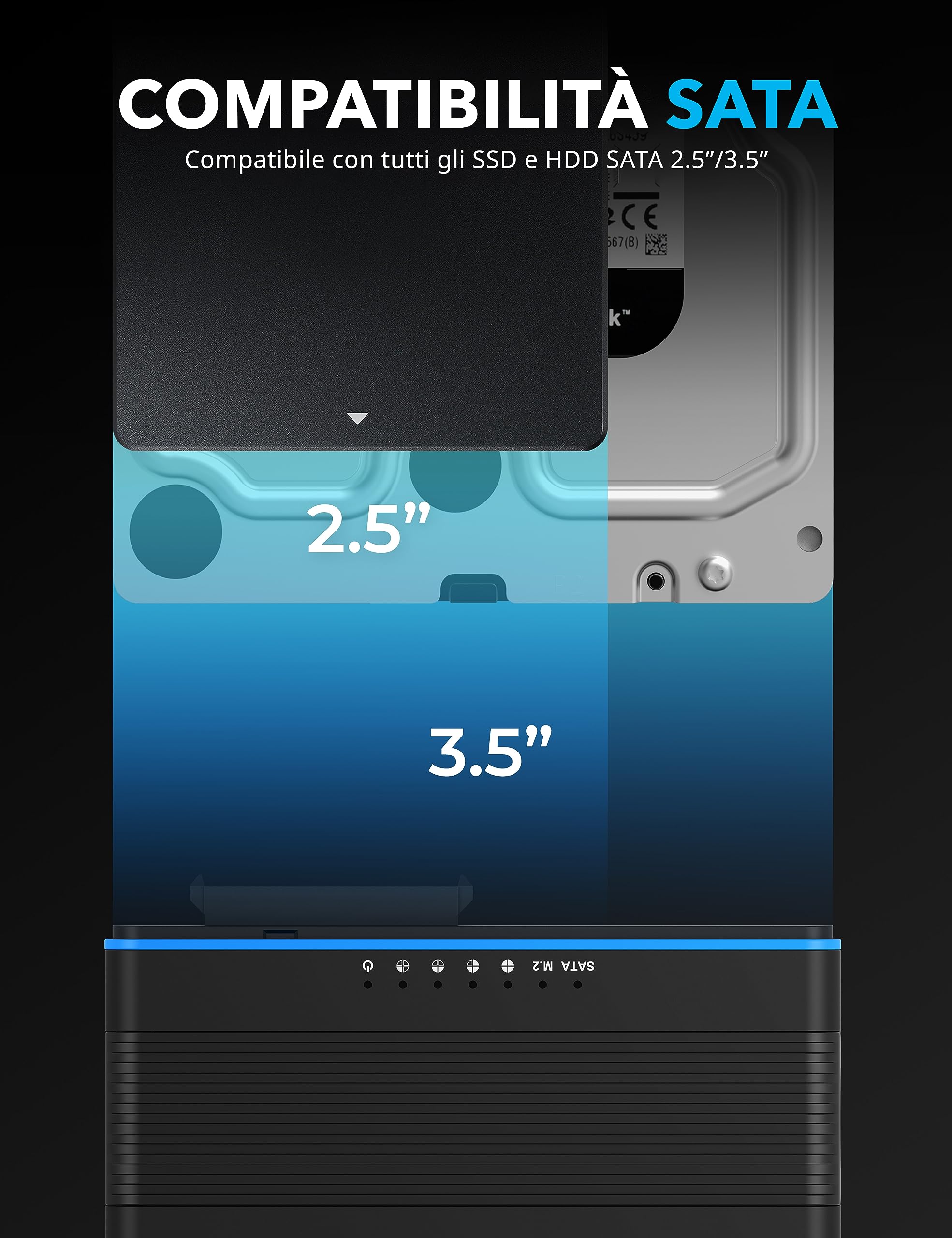 SABRENT Cabinet USB-C per M.2 NVMe e disco rigido SATA da 2,5" e 3,5", convertitore SSD HDD e M2, dock 2242, 2260 e 2280 con clonazione offline + alimentatore, cavi USB C + A inclusi (DS-UCMH)