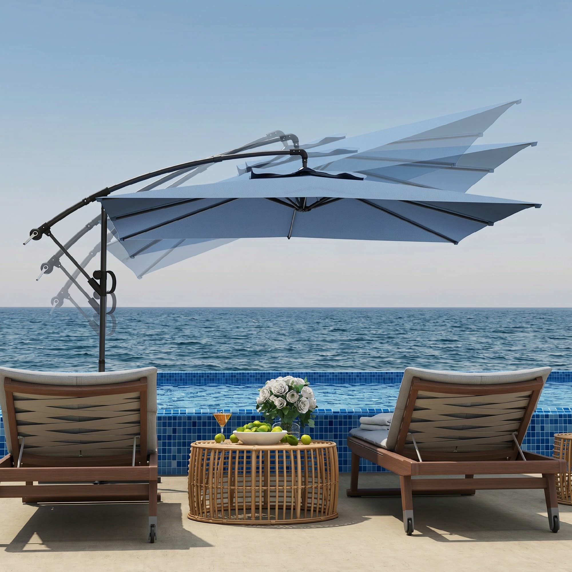 Outsunny Parasol déporté carré 3 x 3 m, parasol de jardin extérieur avec manivelle, base croisée, inclinable et rotation à 360°, toile polyester 180 g/m², protection UV UPF50+