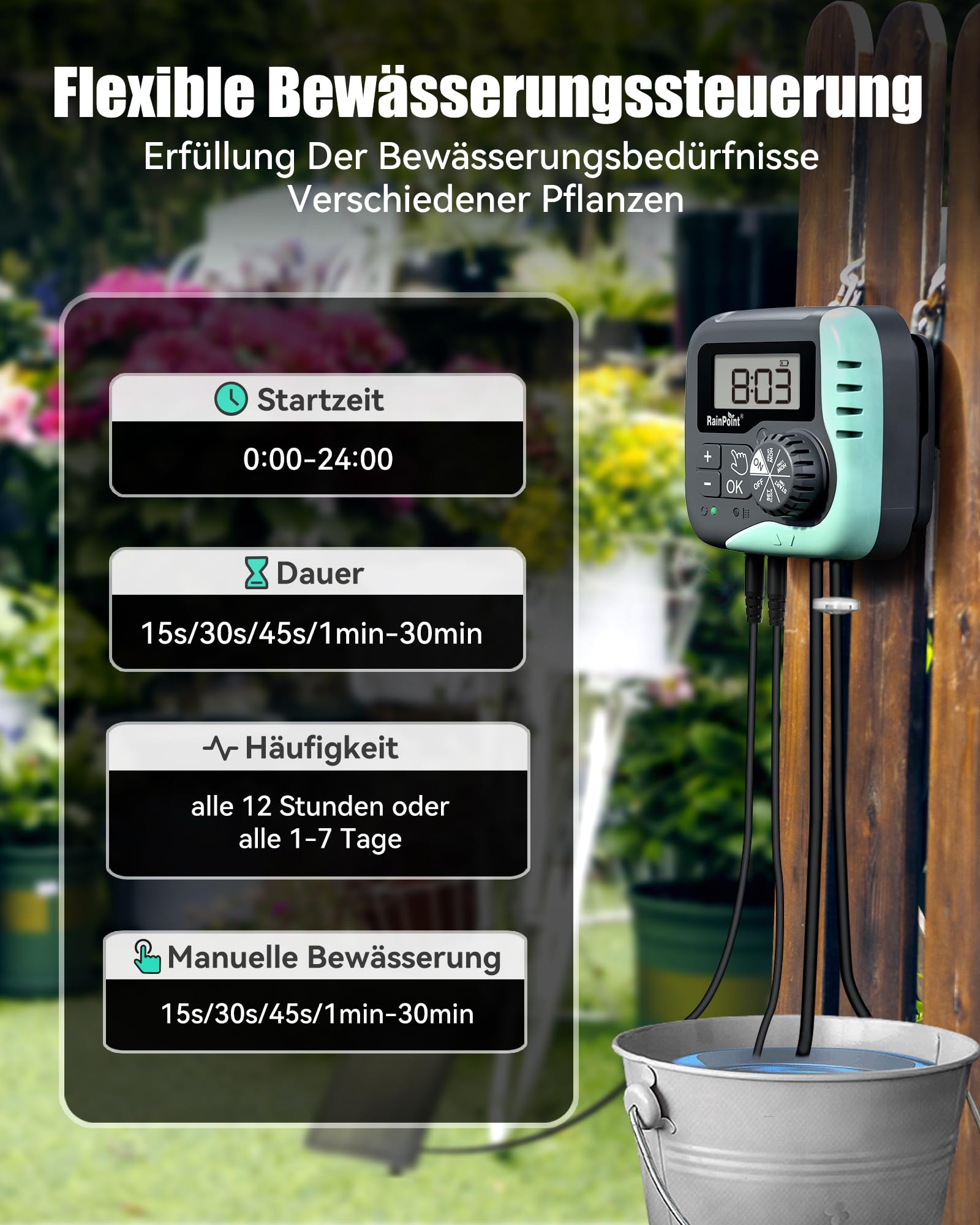 RAINPOINT Kit de Riego por Goteo Automático Solar, Sistema de Riego Automático de 45L/H con Bomba Programable, Batería de 2600mAh, para Macetas Vacaciones, Balcón, Jardín