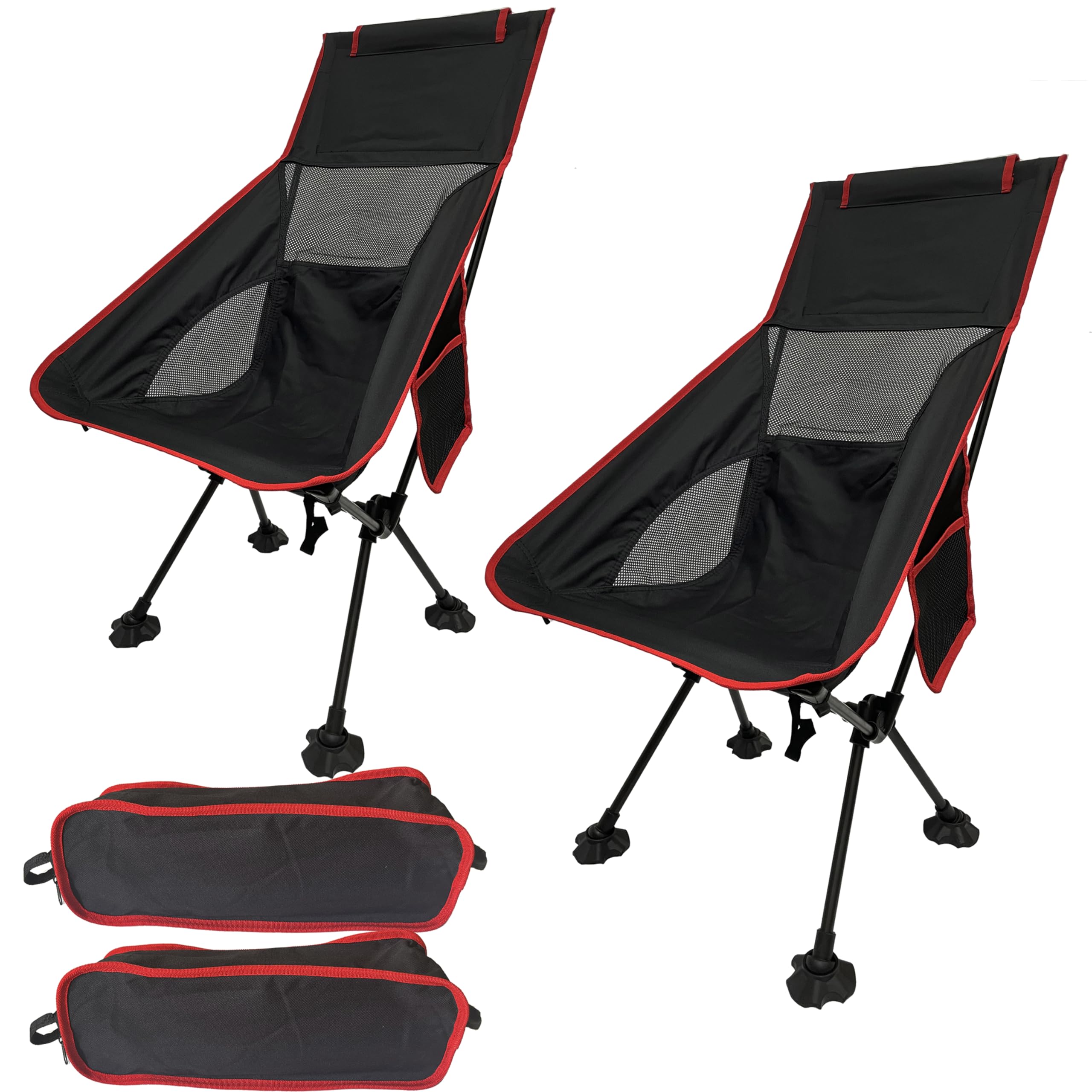 2PCSFolding Camping Chair, Lightweight and Quick to Install, with Headrest, Side Pockets, Storage Bag, 300-pound Weight Capacity, Suitable for Outdoor Hiking, Traveling, BBQ, and Fishing (RedandBlack