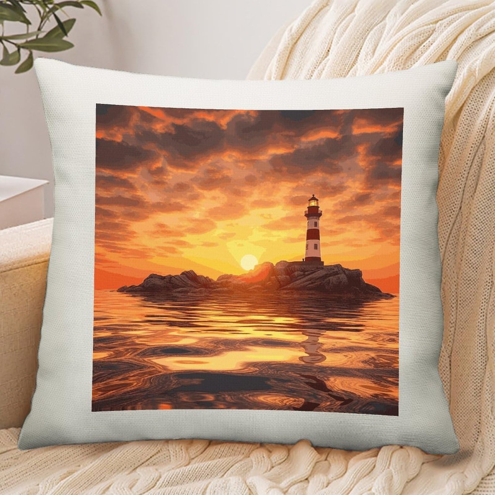 Adfgyerh Style Sea Lighthouse In Sunset Pillow Cover Breathable,Pillowcases Boho Decorative Envelope Closure,Throw Pillow Covers For Beach,Patio,Balcony,Couch Living Room 18 * 18In